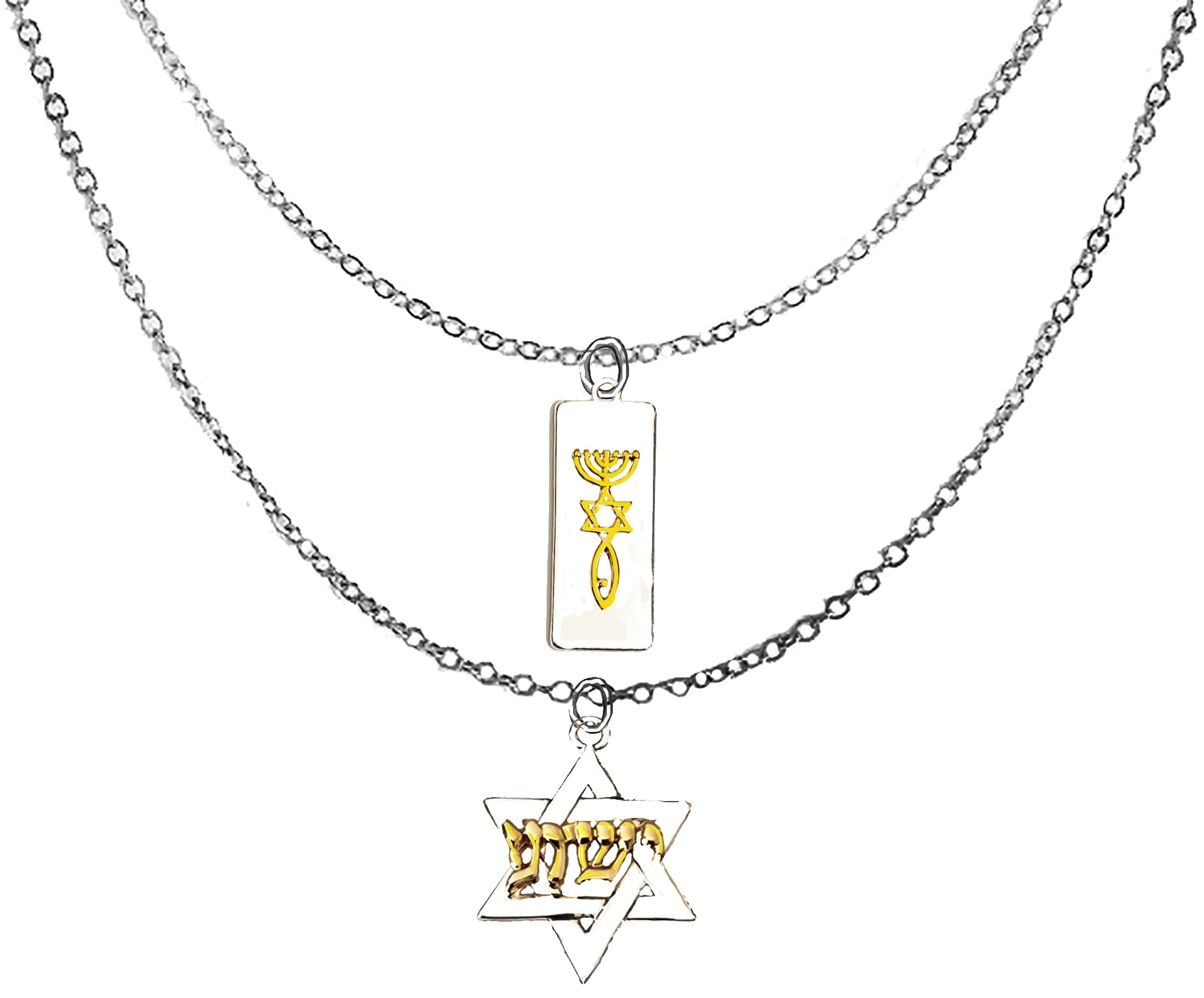 Messianic Yeshua Silvertone Star Of David, Raised Sculpted 14KT Gold Finish Yeshua,Silvertone Plaque With A 14KT Goldtone Raised Seal Of Jerusalem On A Adjustable Silvertone Double Chain Necklace©2023