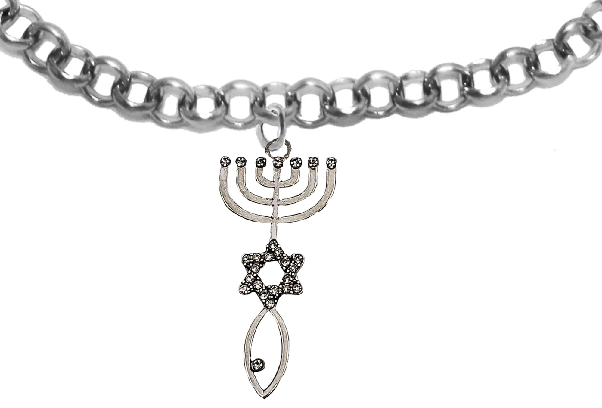 Messianic, Yeshua, Christian Adjustable Rolo Chain Bracelet With A Beautiful Silvertone Seal Of Jerusalem Covered With Crystal. It Will Fit Everyone. Hypoallergenic. A Great Gift For Friends Or Family