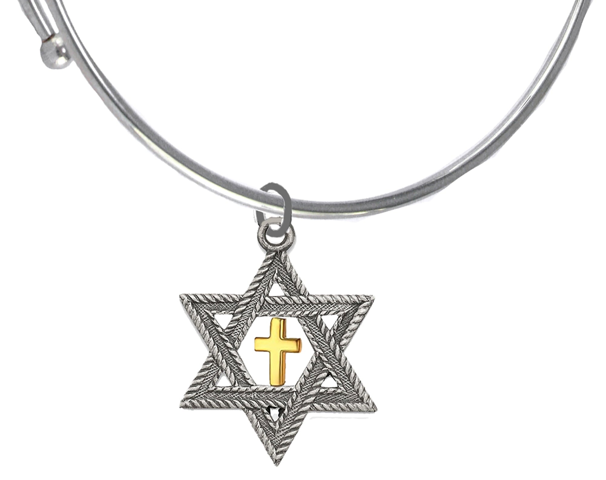 Messianic Christian Silver Star Of David With Gold Cross Inside, On A Adjustable Miracle Wire Bracelet, Will Fit Everyone. Hypoallergenic-Safe, No Nickel, Lead Or Cadmium In The Metal.  ©2023
