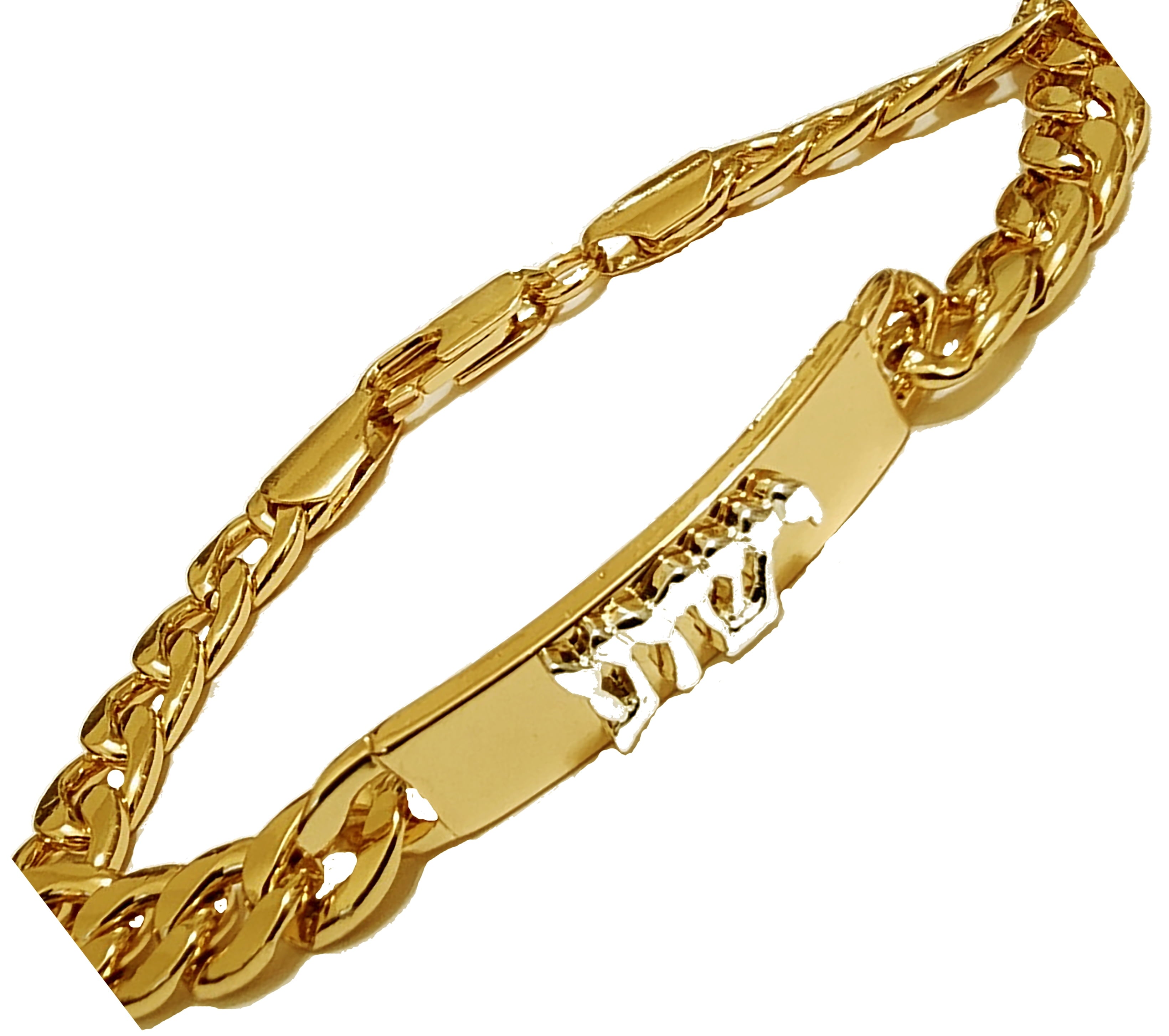 Messianic Christian Silver Tone Yeshua In Hebrew On A 14Kt Gold Tone ID Plate And Gold Tone Miami Curb Chain Bracelet. The Detail Of This Large Strong Lobster Claw Clasp  Is Impressive©2023