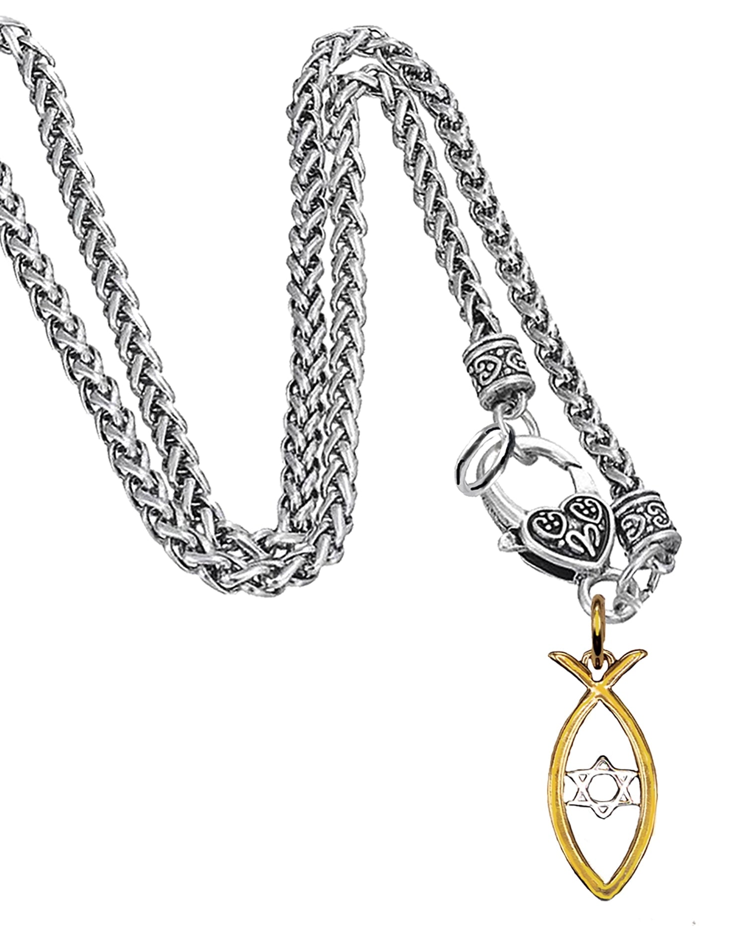 Messianic Christian Fish In 14KT Goldtone, Silvertone Star Of David, Wheat Chain Necklace. If you do not believe that this jewelry is beautiful when you receive it, simply return it for a full refund