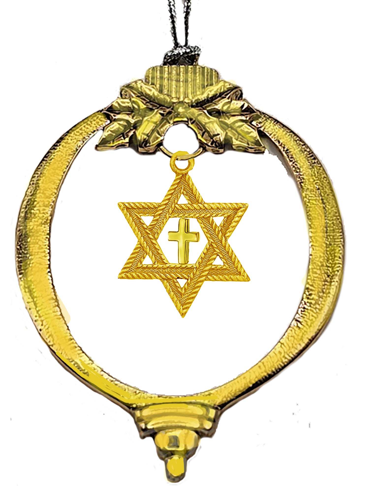Messianic, Yeshua Christmas Silvertone Ornament With A Beautiful 14 KT Goldtone Cross, In A 14KT Goldtone Star Of David, With Tree Attachment For Hanging. What A Great Gift For Yourself, Or Someone Special! ©2023