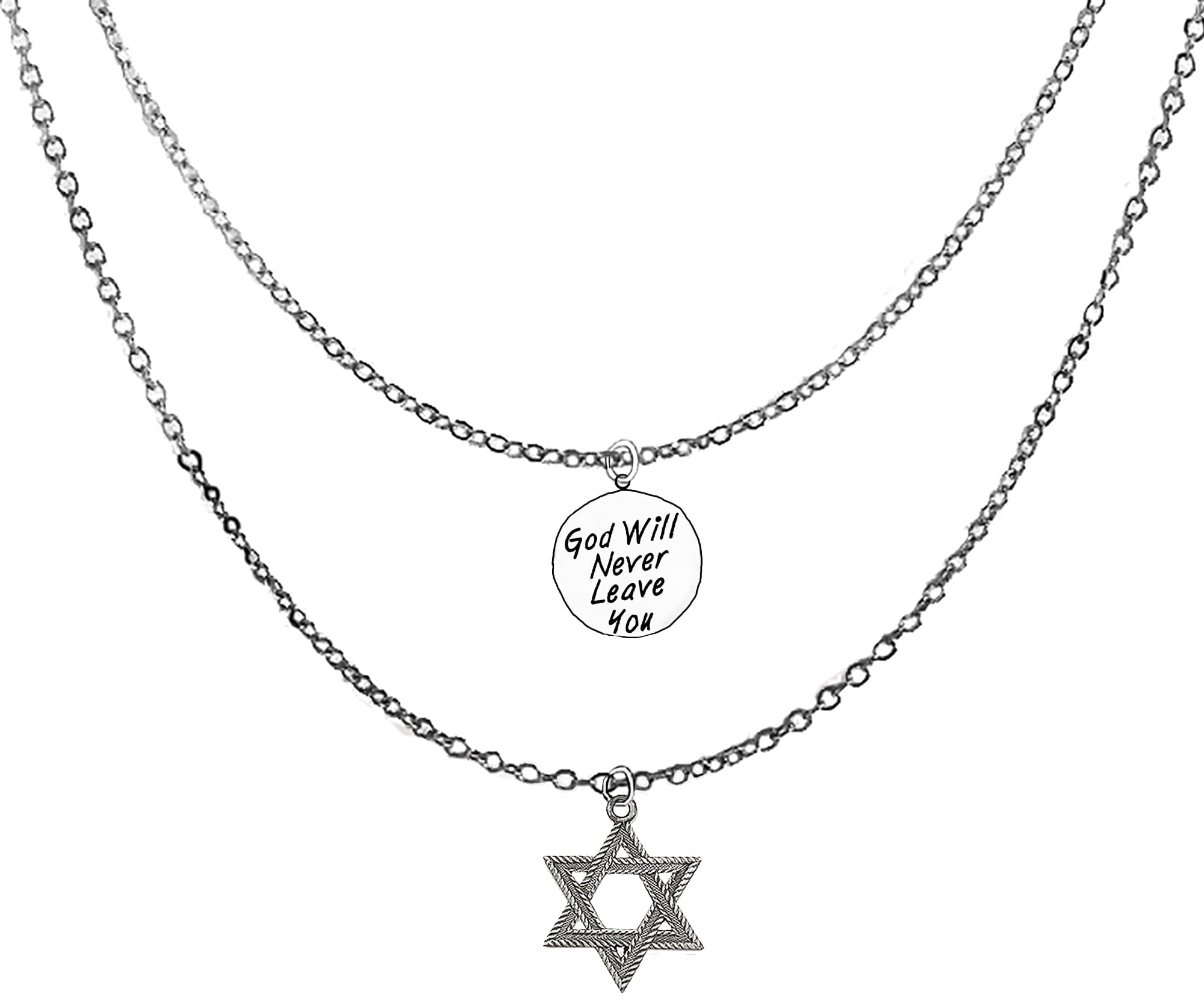 Jewish Jewelry, God Will Never Leave You, And A Antique Silvertone Star Of David, On A Adjustable Silvertone Double Chain Necklace, Great Gift For A Friend Or Family! Hypoallergenic ©2024