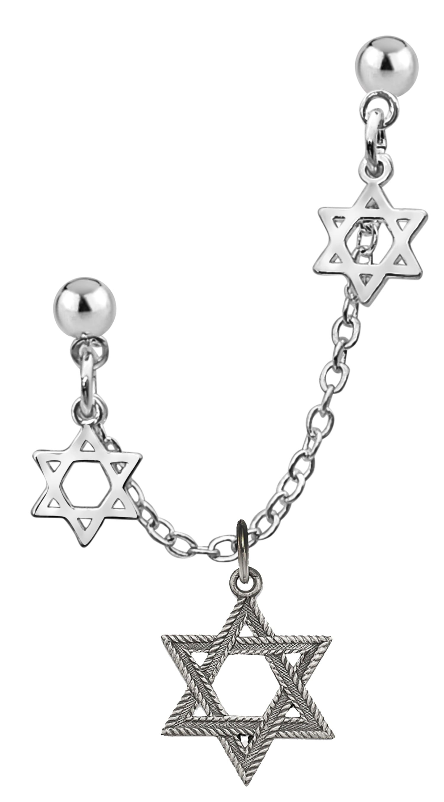 Jewish Double Hole Earrings, Beautiful Silvertone,Star Of David Hanging Between Two Small Stars Of David. Easy To Move To Different Holes.  What A Great Gift For Yourself,Or A Friend Or Family Member