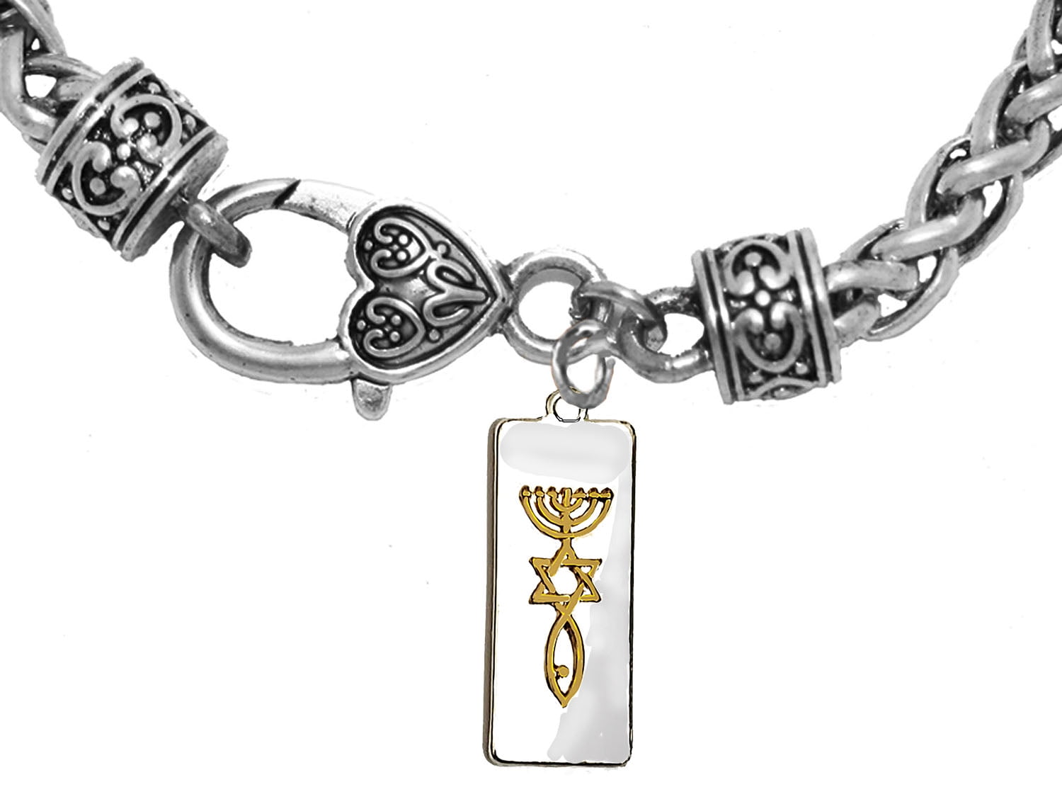 Messianic Christian Gold Tone Raised Seal Of Jerusalem On A Silver Plaque Charm On A Silver Wheat Chain Bracelet©2023