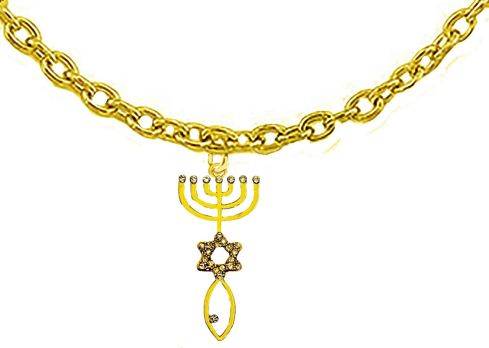 Messianic,Yeshua, Seal Of Jerusalem Covered In Austrian Cut Crystal 14KTGoldtone Finish On A Adjustable Cable Chain Necklace. What A Wonderful Gift, For Yourself Or Someone Special.Hypoallergenic-Safe