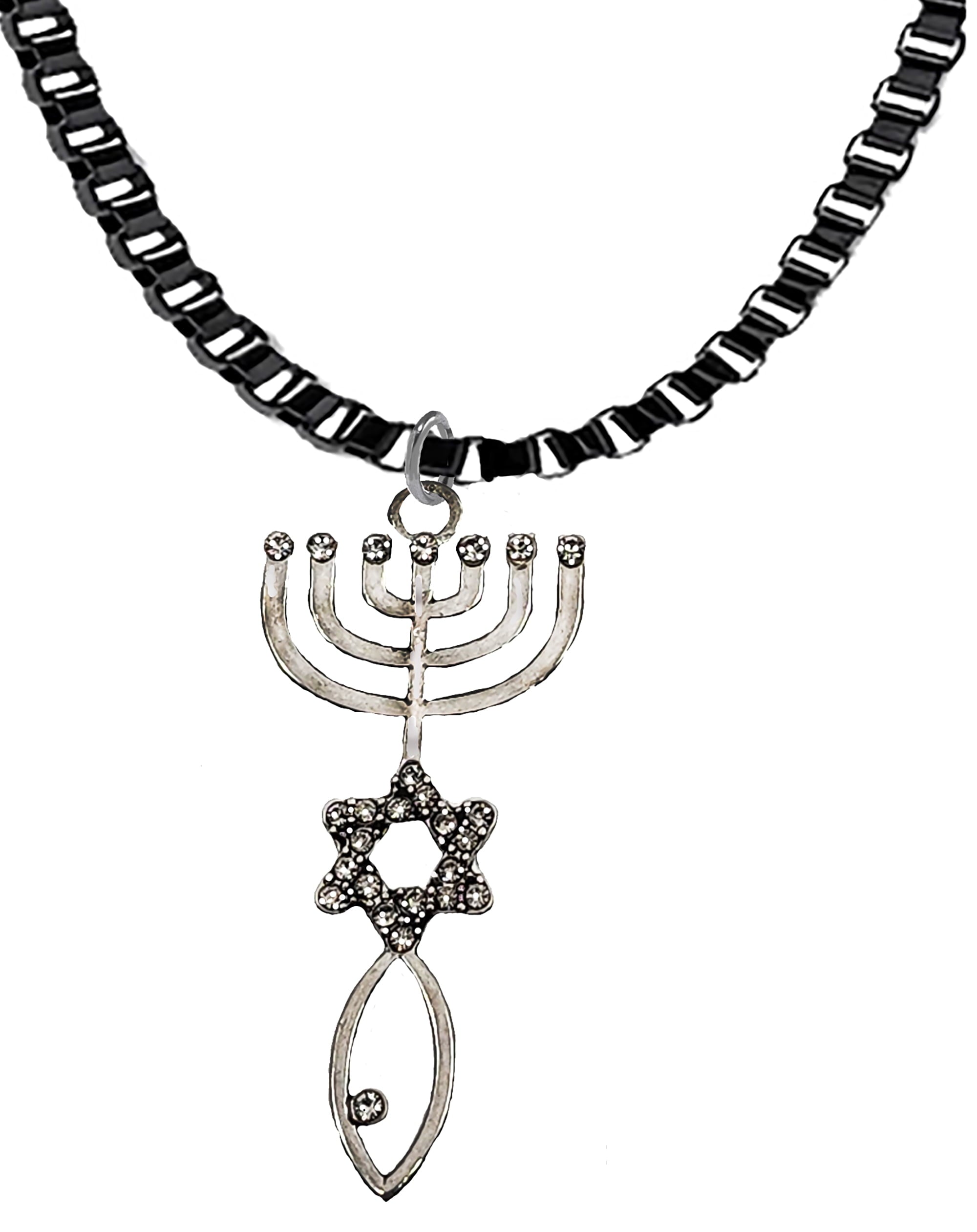 Messianic, Christian, Seal Of Jerusalem, Silvertone Finish, Covered With Austrian Cut Crystal On A Adjustable Black Anodized Box Chain.Hypoallergenic-Safe,No Nickel, Lead, Or Cadmium In The Metal©2024