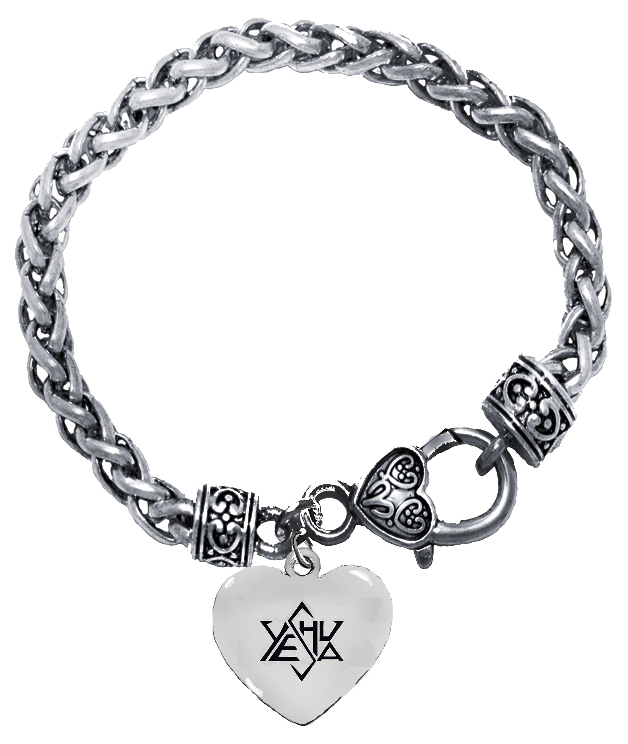 Messianic, Jesus, Yeshua (Jesus in Hebrew) Named by an Angel of God,Stylized Star Of David Spelling Yeshua,On A Beautiful Heart,Antique Wheat Chain Bracelet, Hypoallergenic-Safe,No Nickel,Lead,Cadmium