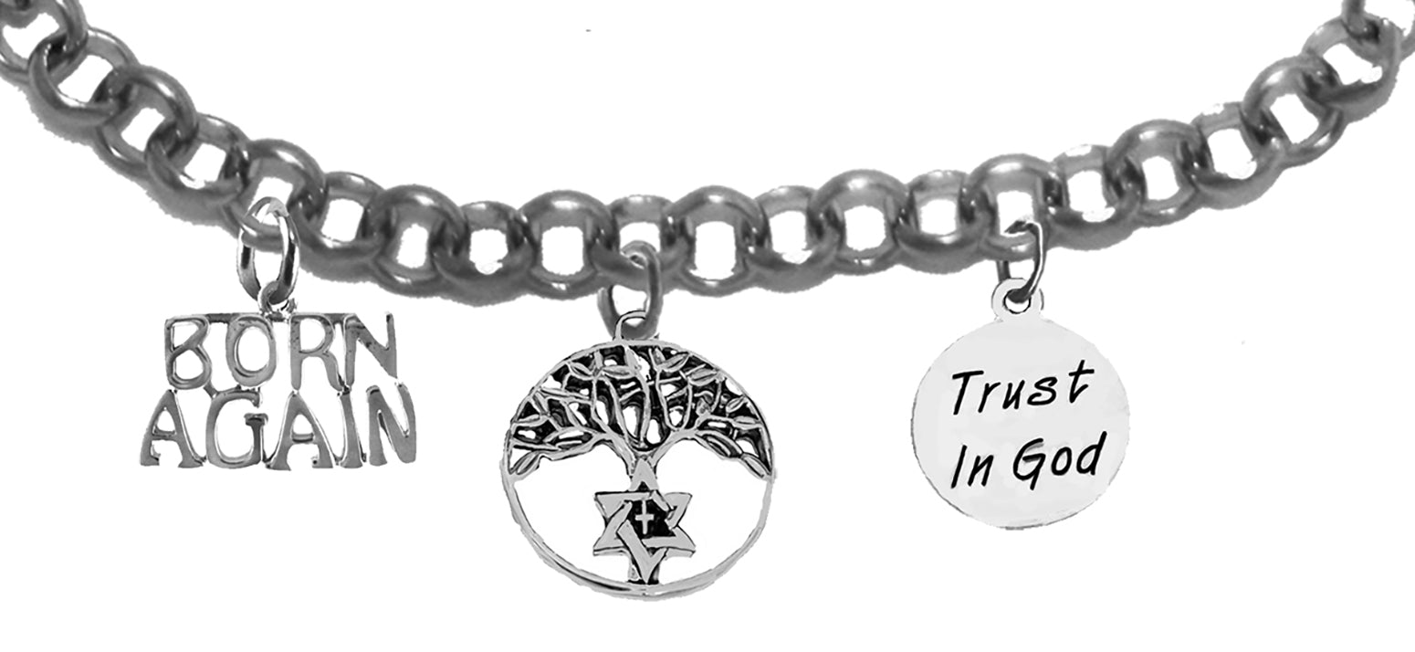 Messianic Silvertone High Polished Born Again, And Trust In God On Each Side Of A Tree Of Life On A&nbsp; Adjustable Chain Bracelet ,That Will Fit Anyone 5" To 9" Wrist. What A Wonderful Gift For Yourself, Or Someone Special!