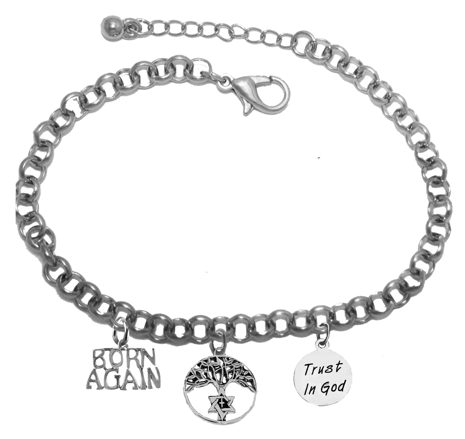 Messianic Silvertone High Polished Born Again, And Trust In God On Each Side Of A Tree Of Life On A&nbsp; Adjustable Chain Bracelet ,That Will Fit Anyone 5" To 9" Wrist. What A Wonderful Gift For Yourself, Or Someone Special!
