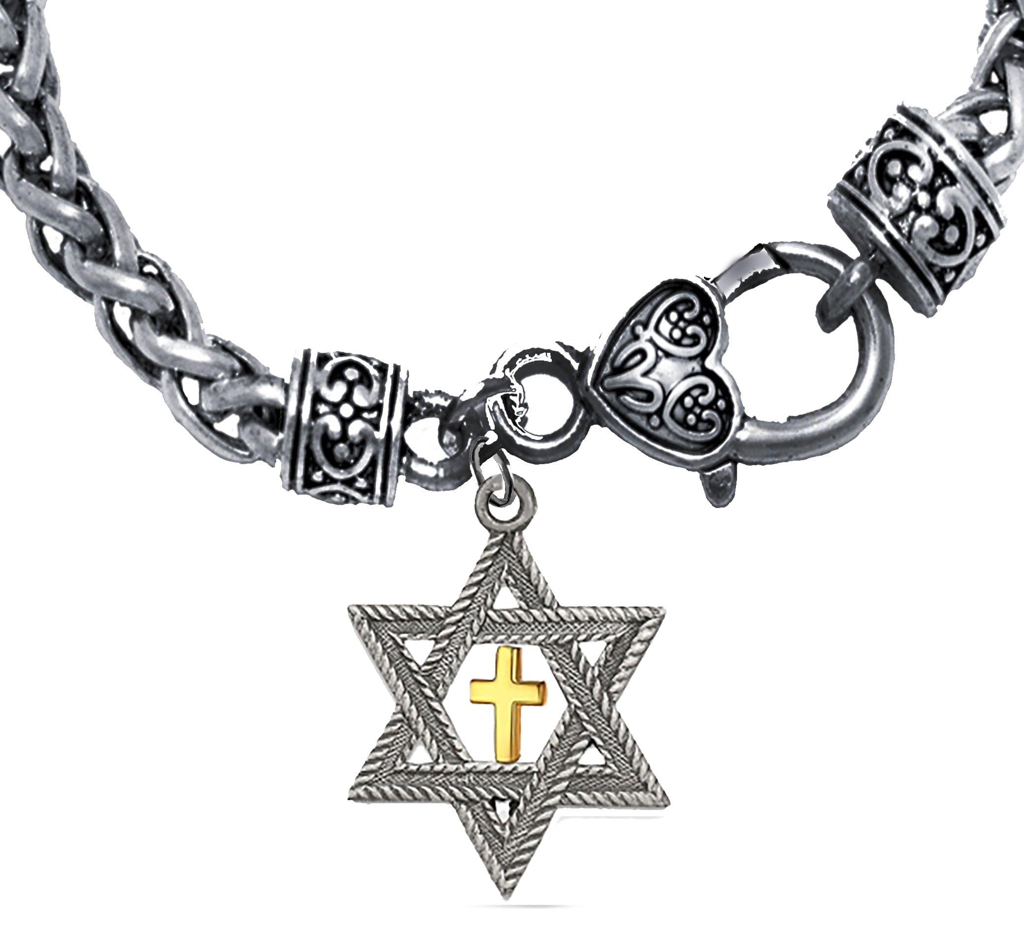 Messianic Christian Silver Star Of David With Gold Cross Inside, On A Antique Wheat Chain Bracelet, Hypoallergenic-Safe, No Nickel, Lead Or Cadmium In The Metal.  ©2023