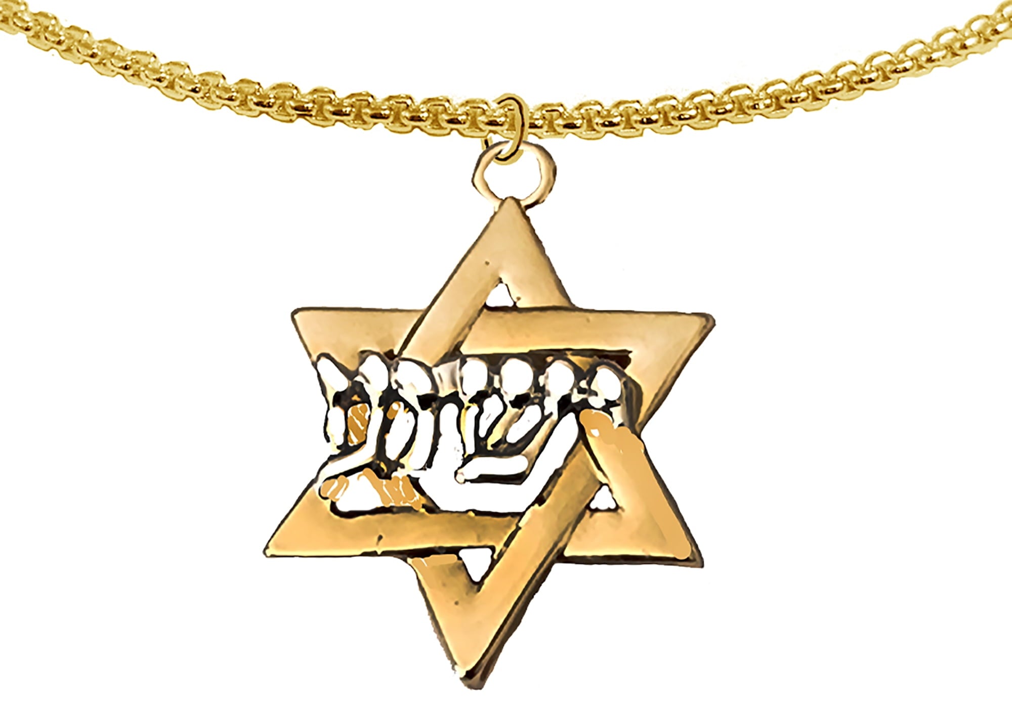 Messianic Yeshua Gold Star Of David, Raised Sculpted Silver Yeshua On A 14KT Finish Box Chain Necklace, Hypoallergenic-Safe, No Nickel, Lead, Or Cadmium In The Metal ©2023