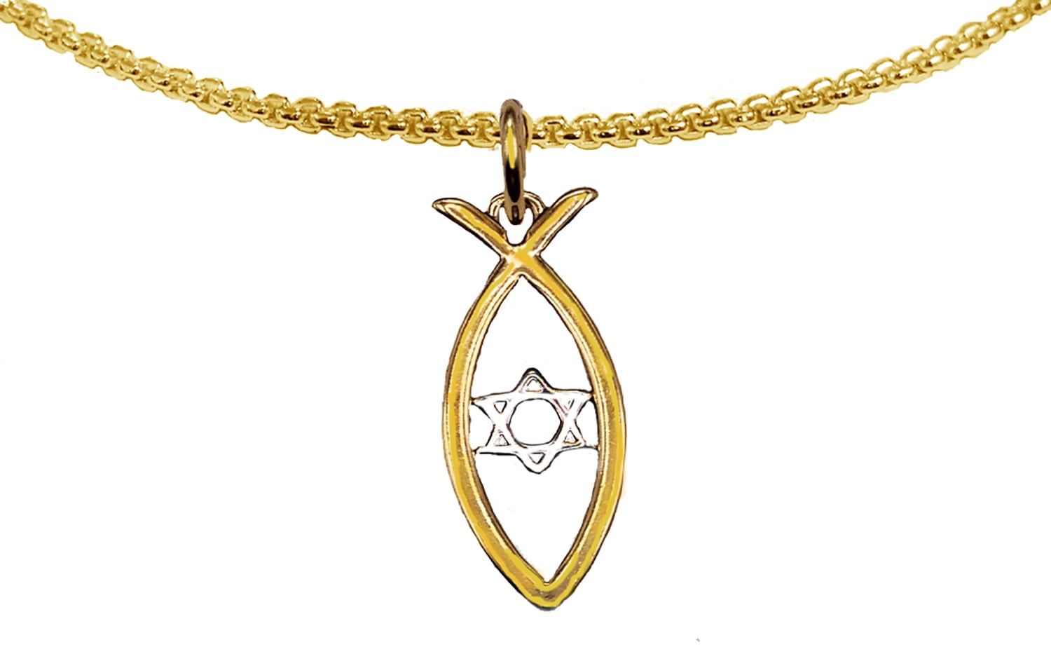 Messianic Christian Fish In 14KT Goldtone,Silver Star Of David, Goldtone Box Chain Necklace.If you do not believe that this jewelry is beautiful when you receive it, simply return it for a full refund