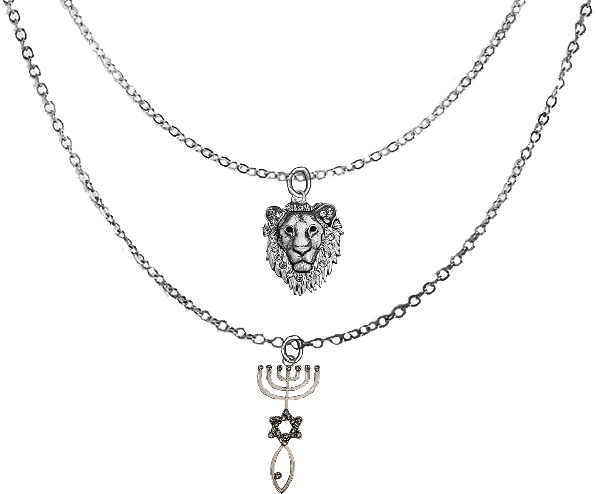 Messianic, Yeshua Silvertone Lion Of Judah, Silvertone Covered With Austrian Crystal Seal Of Jerusalem On A Adjustable Silvertone Double Cable Chain Necklace. Hypoallergenic-Safe  ©2023
