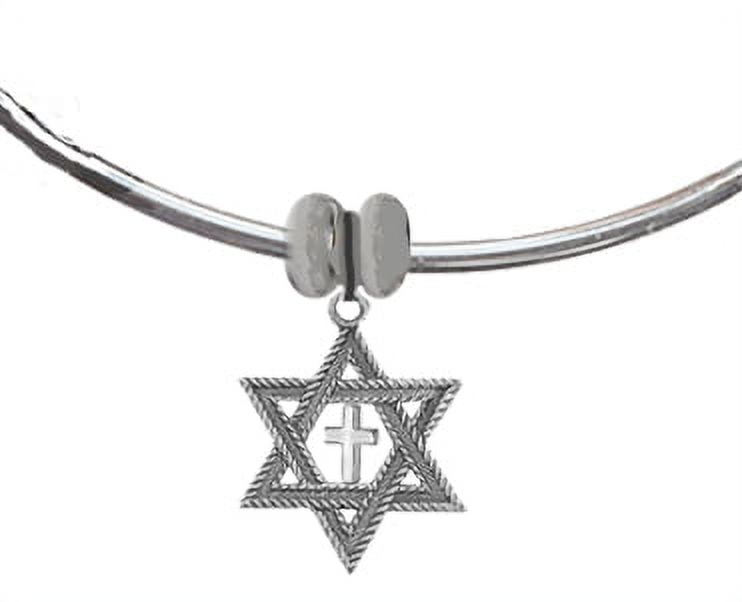 Messianic, Christian, Jewish Silvertone antique Star Of David With Polished Cross On A Adjustable Bangle Bracelet, Removable Ends, You Can Add Charms Without A Tool. No Nickel, Lead, or Cadmium
