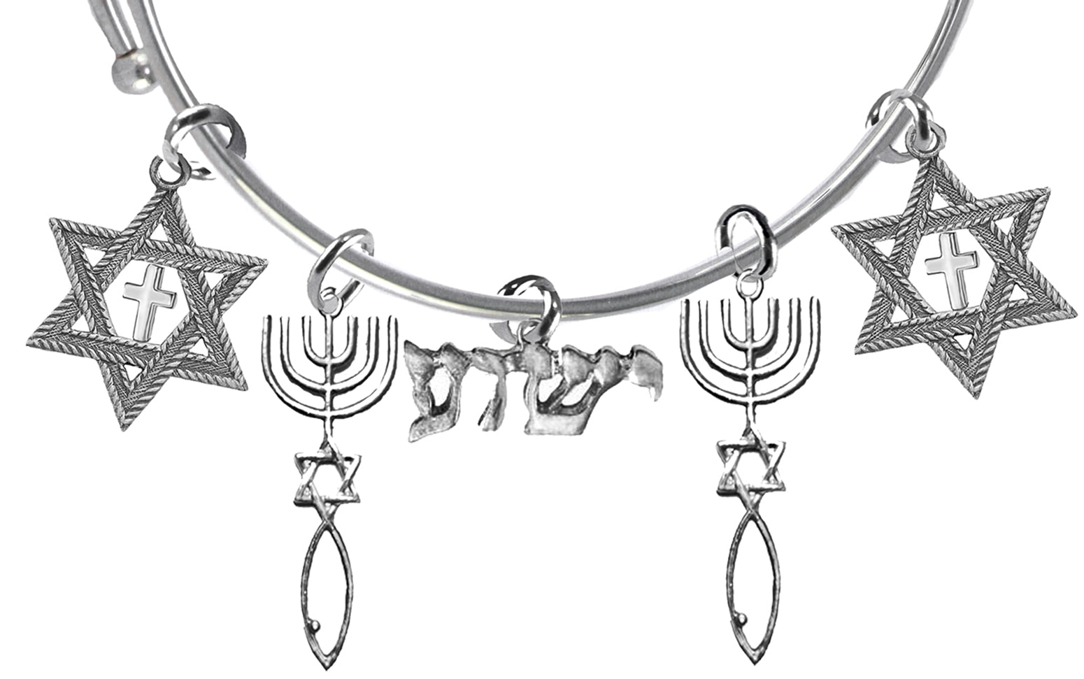 Messianic Christian Antique Silver Star Of David With Polished Cross, Seal Of Jerusalem, Yeshua In Hebrew (Named By An Angel From God) Adjustable Will Fit Everyone Miracle Wire Bracelet,Hypoallergenic
