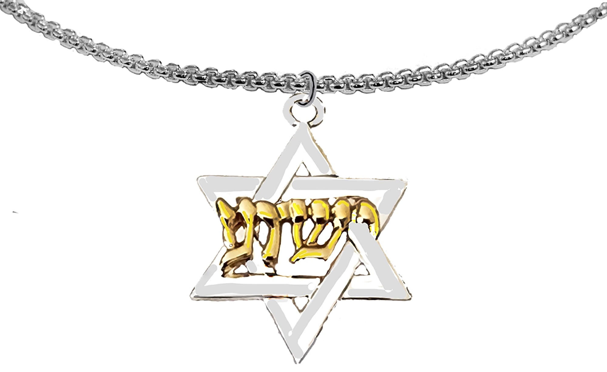 Messianic Yeshua Silvertone Star Of David, Raised Sculpted 14KT Gold Finish Yeshua On A Silvertone Box Chain Necklace, Hypoallergenic-Safe, No Nickel, Lead, Or Cadmium In The Metal ©2023