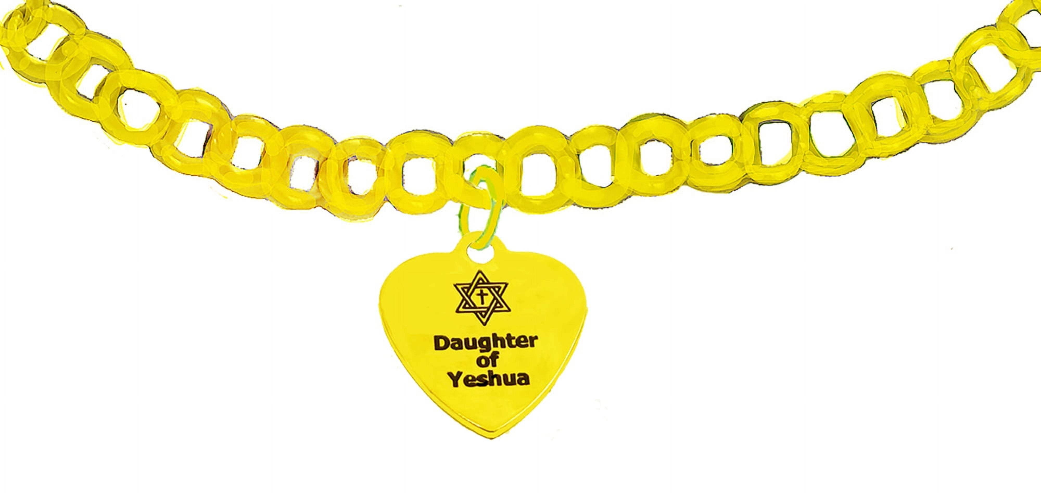 Messianic Yeshua Jewelry, 14KT Goldtone Daughter Of Yeshua On A Heart, Adjustable Rollo Chain Bracelet. It Will Fit A 4 Year Old To A 74 Year Old. What A Great Gift For A Friend Or Family. ©2024