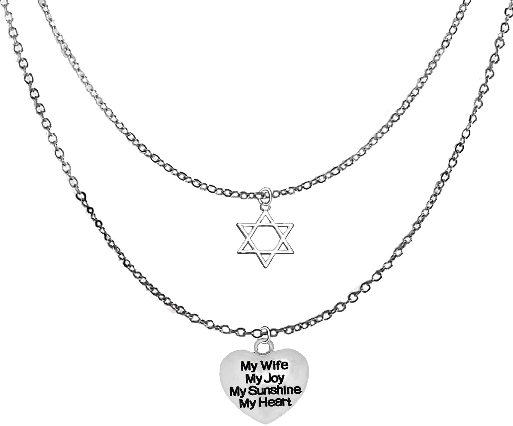 Jewish Jewelry, Silvetone Star Of David,  Silvertone Puffed Heart Saying , My Wife, My Joy, My Sunshine My Heart, On Adjustable Silvertone Double Chain Necklace, Great Gift, Hypoallergenic. ©2024