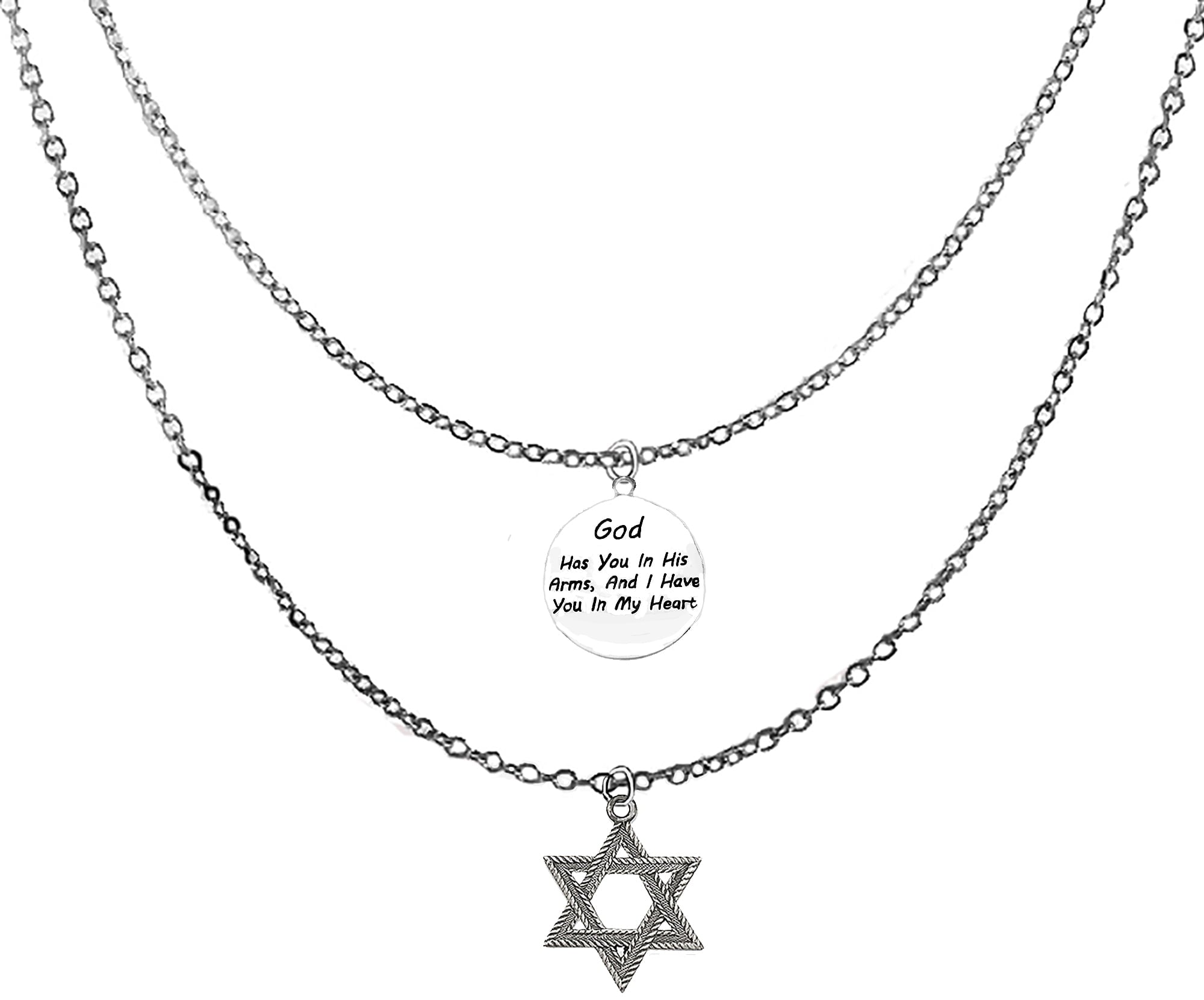Jewish Jewelry, "God Has You In His Hands, And I Have You In My Heart", With A Antique Silvertone Star Of David, Adjustable Double Chain Necklace. Hypoallergenic,No Nickel,Lead,Or Cadmium In The Metal