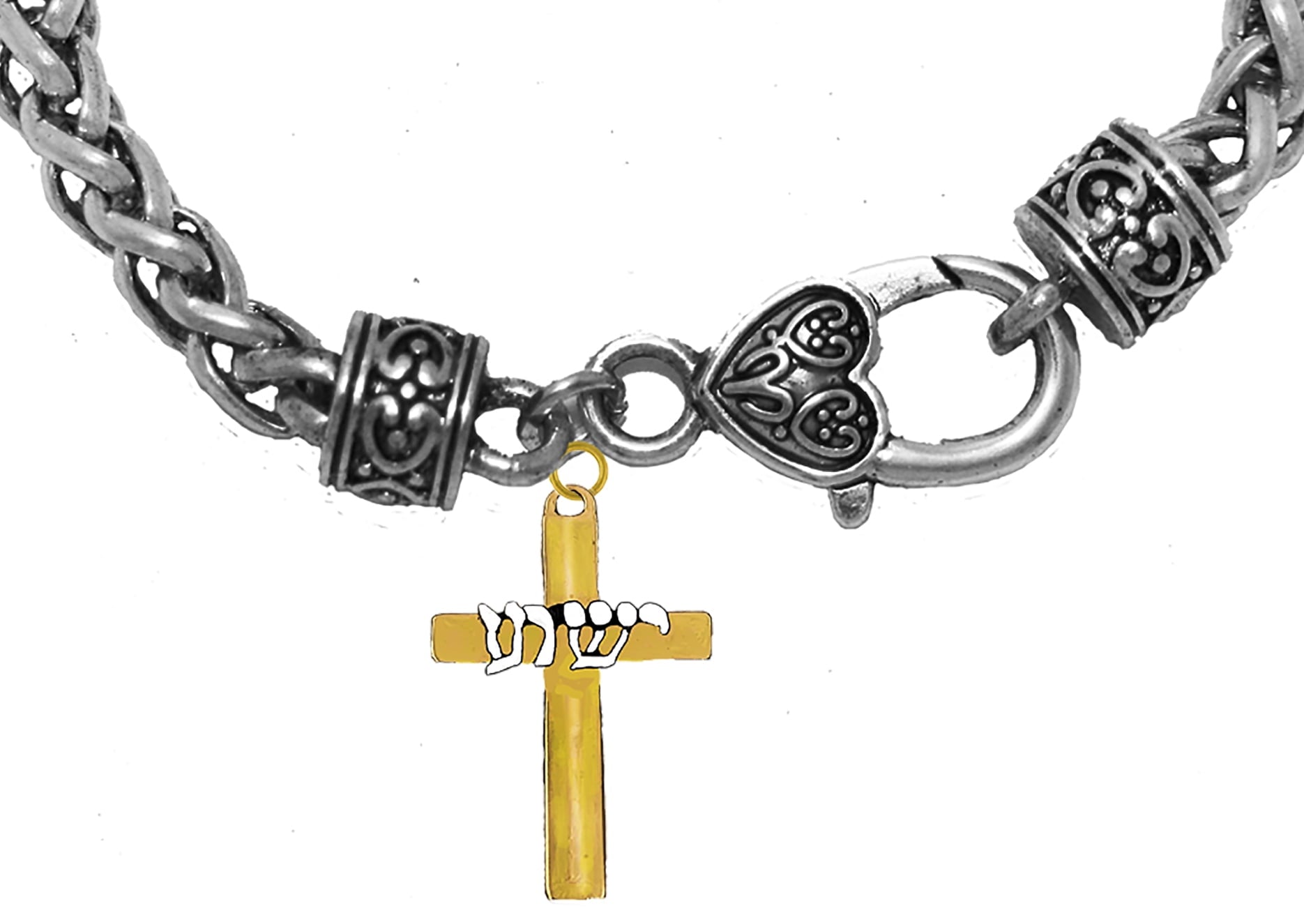 Messianic, Yeshua, Christain, Beautiful 14KT Goldtone Cross With Silvertone Yeshua In Hebrew, On A Silvertone Antque Wheat Chain Bracelet, Very Small Cross 1 1/4 Inches High. Hypoallergenic-Safe©2024