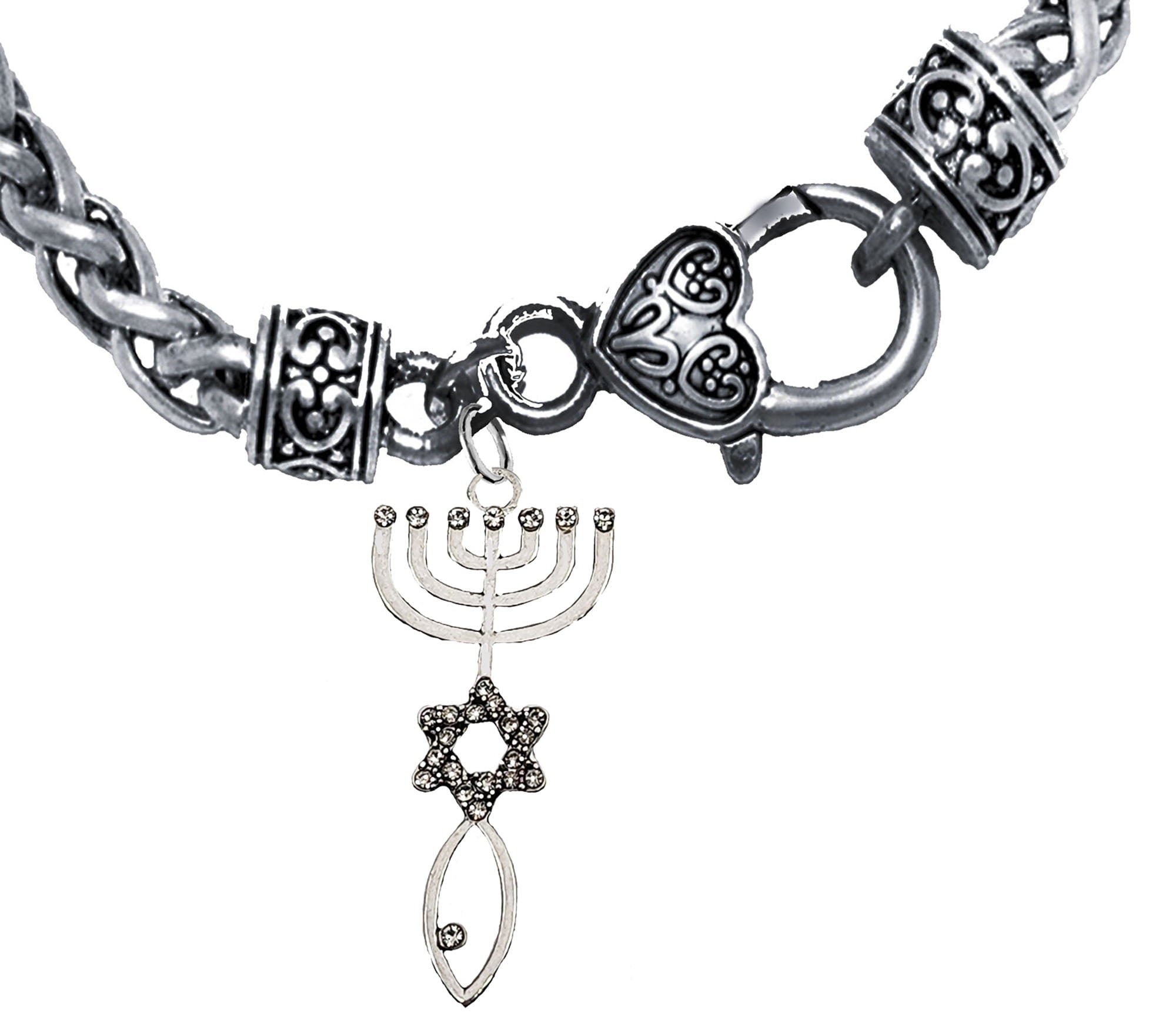 Messianic, Yeshua, Christian, Antique Wheat Chain Bracelet With A Beautiful Silvertone Seal Of Jerusalem Covered With Crystal. It Will Fit Everyone. A Great Gift For Friends Or Family. Hypoallergenic