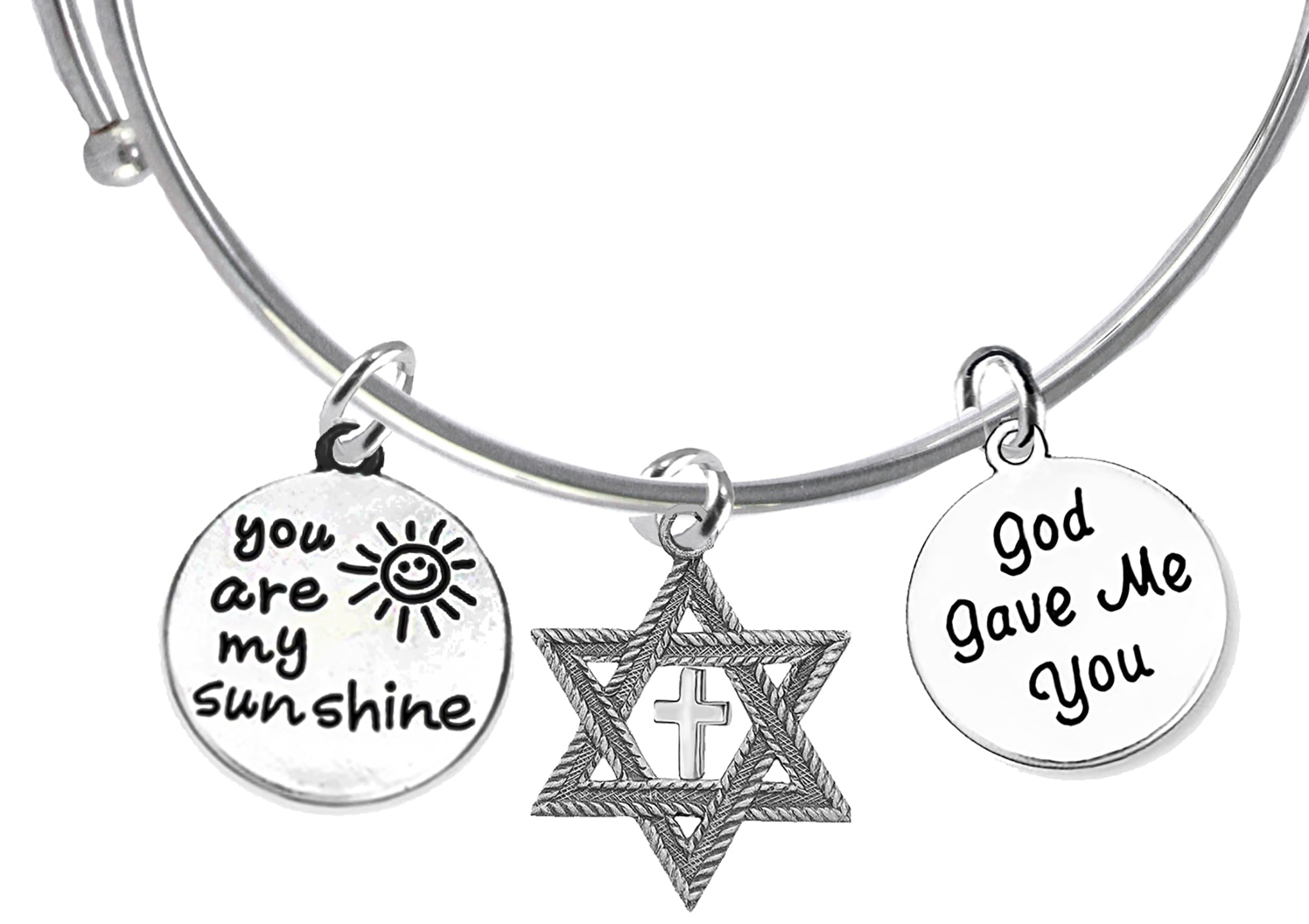 Messianic, Yeshua, Christian, Bracelet Of Love And Devotion, You Are My Sunshine, Antique Silvertone Star Of David With Polished Cross, God Gave Me You, Adjustable Miracle Wire Bracelet Fits Everyone.