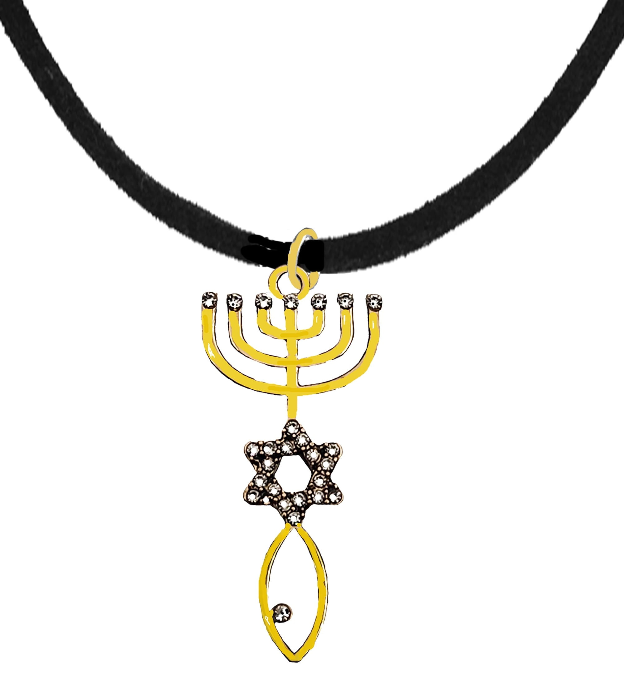 Messianic, Yeshua, Christain Adjustable Black Suede Necklace With A Beautiful 14KT Goldtone Seal Of Jerusalem Covered With Austrian Crystal. Hypoallergenic-Safe.A Great Gift For Friends Or Family©2024