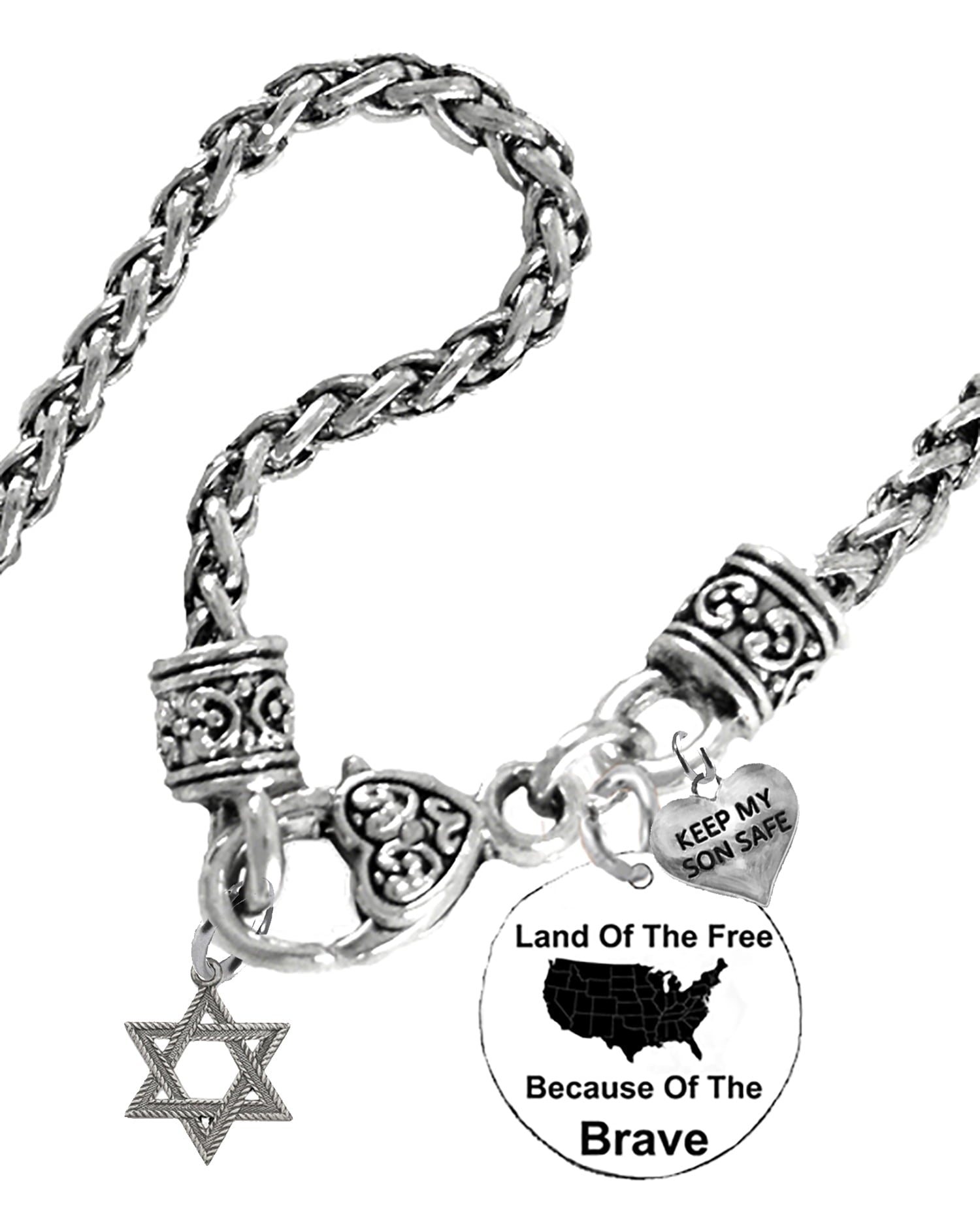Jewish, Beautiful Silvertone Star Of David, Keep My Son Safe, Land Of The Free, Because Of The Brave On A Antique Wheat Chain Necklace. What A Wonderful Gift For Yourself, Or Someone Special. ©2024