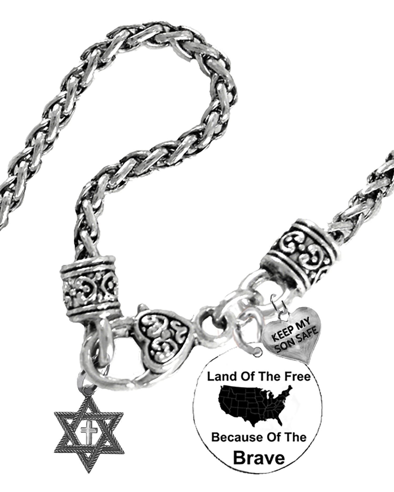 Messianic, Beautiful Antique Silvertone Star Of David With A Polished Cross In It, Keep My Son Safe, Land Of The Free,Because Of The Brave. What A Wonderful gift For Yourself, Or Someone Special.©2024