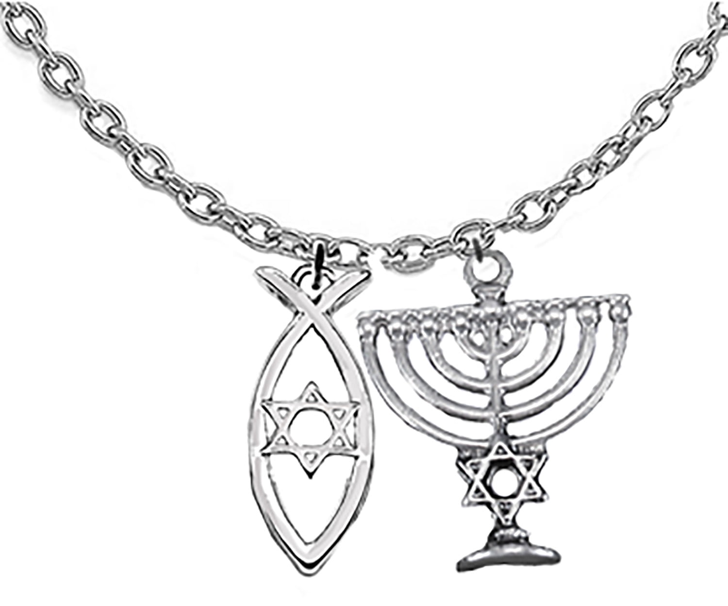 Messianic, Yeshua,  Silvertone Christian Fish With Star Of  David Inside   With A Menorah  Adjustable Necklace,  What A Great Gift For Yourself, A Friend, Or Family Member.Hypoallergenic-Safe©2024