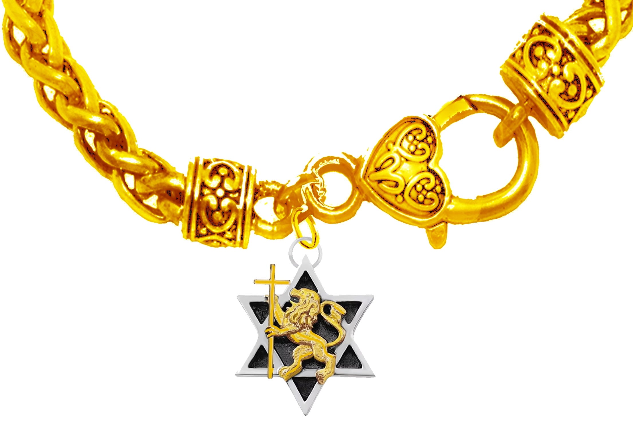 Messianic, Yeshua, Lion Of Judah Holding A 14KT Goldtone Cross In A Silvertone Star Of David On 14KT Goldtone Wheat Chain Bracelet, What A Wonderful Gift For Yourself Or Someone Special,Hypoallergenic