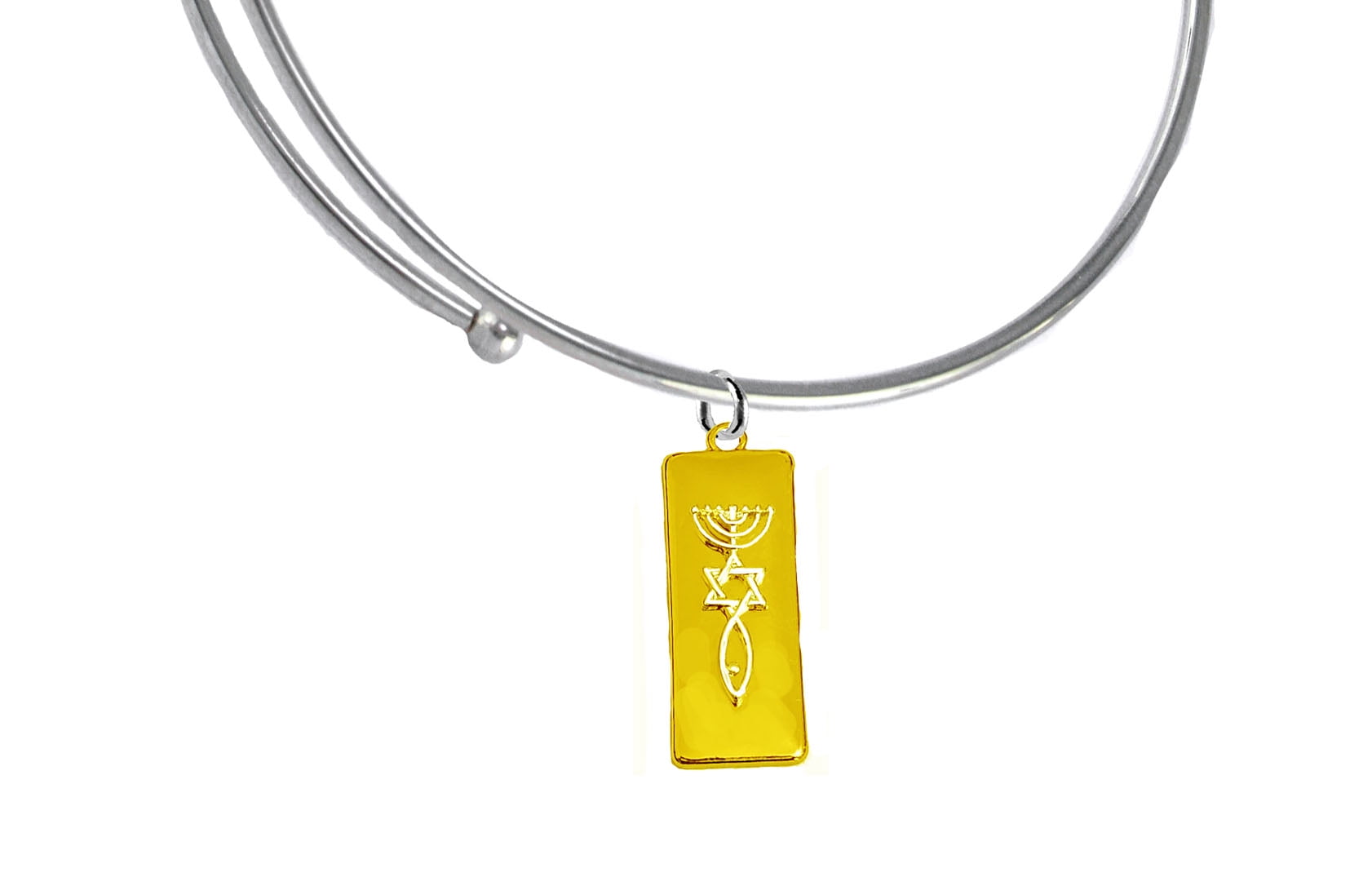 Messianic Christian Silver Tone Raised Seal Of Jerusalem On A 14KT Gold Tone Plaque Charm On A Silver Adjustable  Miracle Wire Bracelet,Will Fit Everyone,Hypoallergenic-Safe,No Nickel, Lead,Or Cadmium
