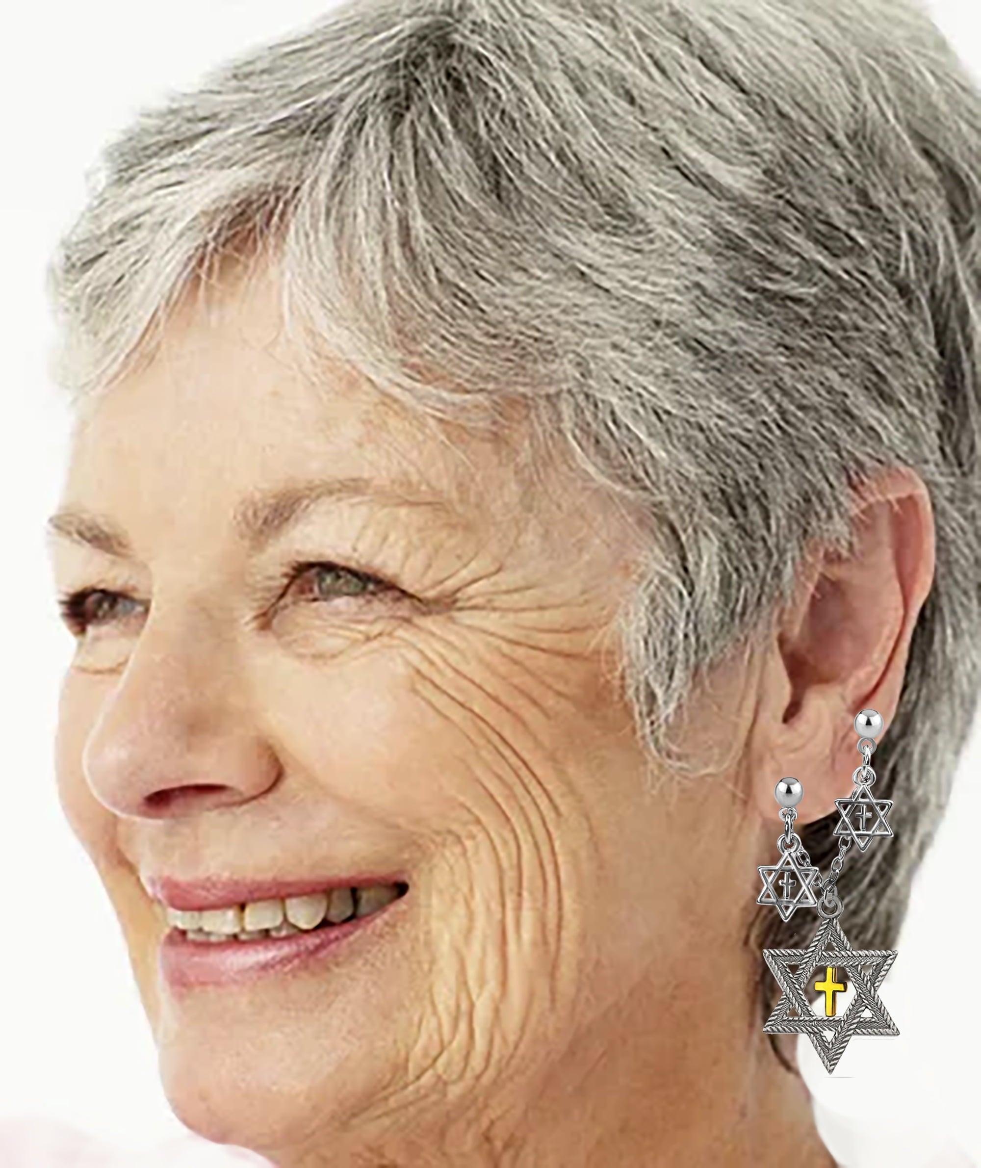 Yeshua, Messianic Yeshua Jewelry,Beautful Antique Silver Star Of David With A Gold Cross On A Double Hole Silvertone Earring Chain, Buy 1 For One Ear,Buy 2 For Two Ears, Outstanding Fashion,Great Gift