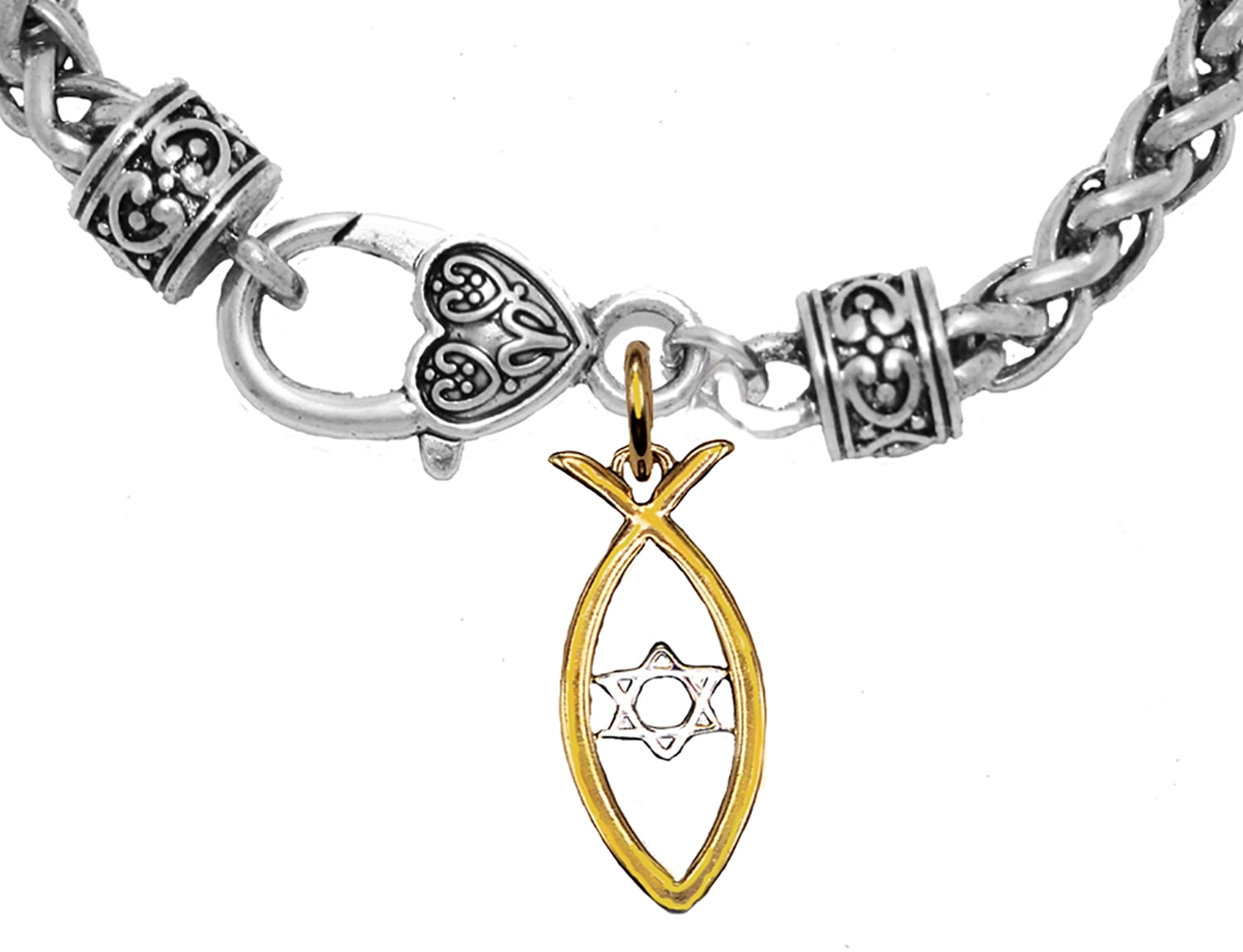 Messianic Christian Fish In 14KT Goldtone, Silvertone Star Of David Wheat Chain Bracelet. If you do not believe that this jewelry is beautiful when you receive it, simply return it for a full refund.
