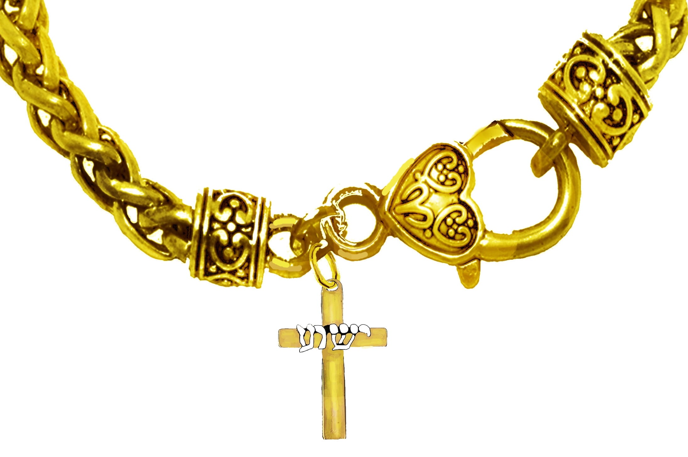 Messianic, Yeshua, 14KT  Goldtone Cross With Yeshua In Silvertone Finish On A Wheat Chain Bracelet.  What A Wonderful Gift. For Yourself, Or Someone Special.