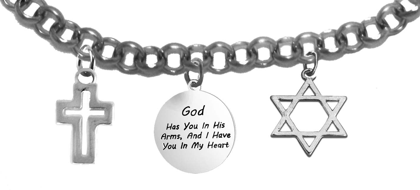 Messianic Silvertone High Polished Cross And Star Of David On Each Side Of "God Has You In His Arms And I Have You In My Heart " Adjustable Chain Bracelet ,That Will Fit Anyone 5" To 9" Wrist. What A Wonderful Gift For Yourself, Or Someone Special