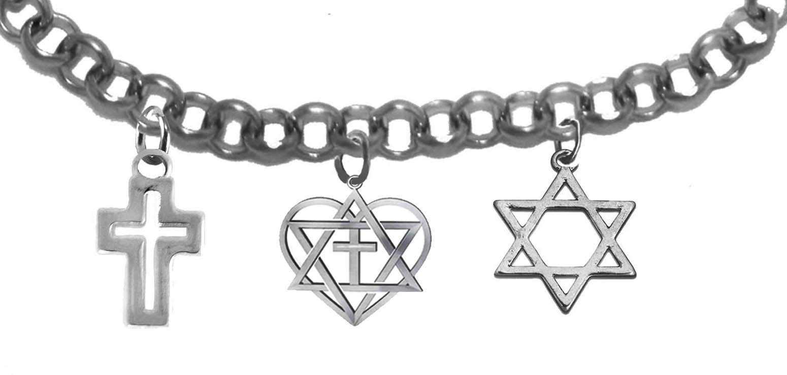 Messianic Silvertone High Polished Cross And Star Of David On Each Side Of A Heart Enclosing A Star Of David And A Cross On A&nbsp; Adjustable Chain Bracelet ,That Will Fit Anyone 5" To 9" Wrist. What A Wonderful Gift For Yourself, Or Someone Special!