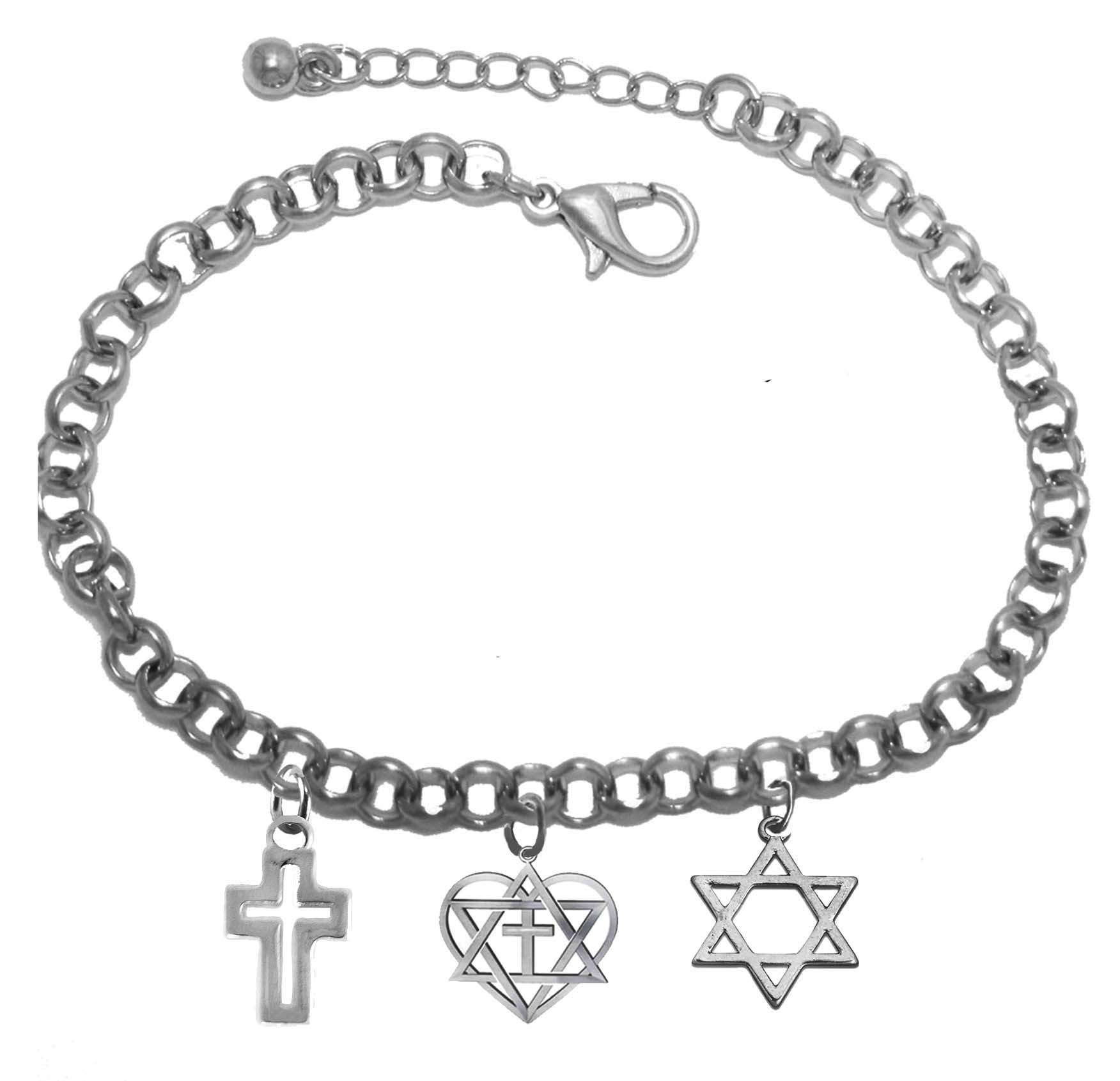 Messianic Silvertone High Polished Cross And Star Of David On Each Side Of A Heart Enclosing A Star Of David And A Cross On A&nbsp; Adjustable Chain Bracelet ,That Will Fit Anyone 5" To 9" Wrist. What A Wonderful Gift For Yourself, Or Someone Special!