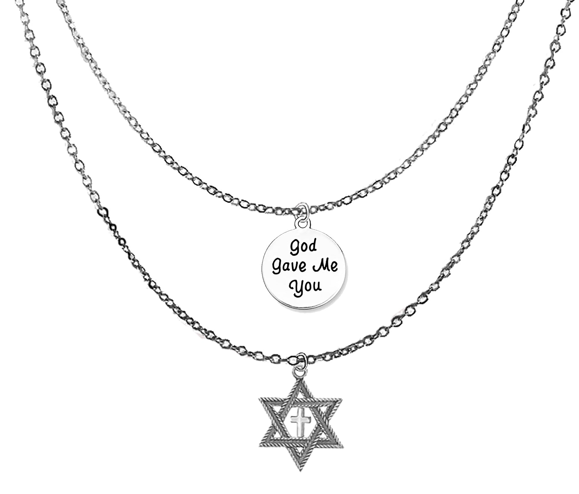 Messianic, Yeshua Christain, God Gave Me You, Antique Silvertone Antique Star Of David,Polished Silvertone Cross On A Adjustable Double Chain Necklace, Hypoallergenic-Safe, No Nickel, Or Lead ©2024