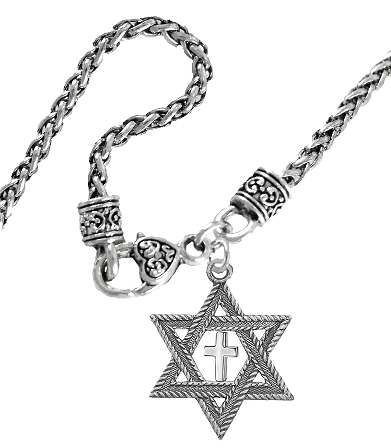 Messianic, Christian, Jewish Antique Silvertone Star Of David And A High Polished Cross On A Wheat Chain Necklace, Hypoallergenic-Safe, No Nickel, Lead, or Cadmium In The Metal ©2023