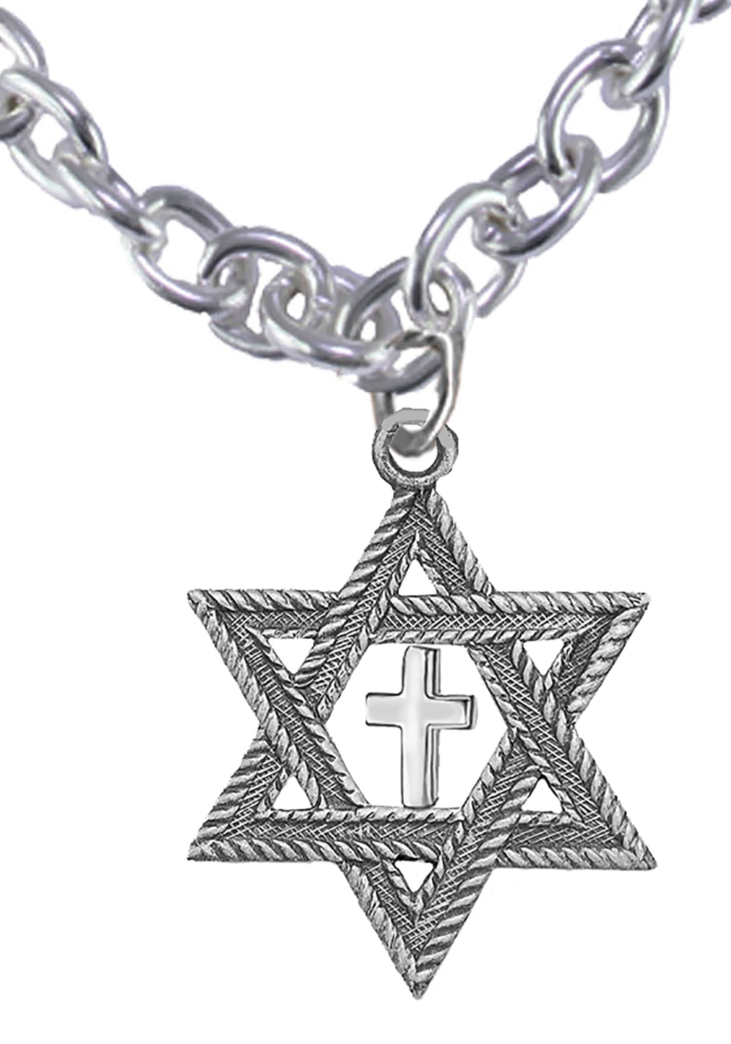 Messianic Christian Jewish Men's Antique Silvertone Star Of David, With Polished Silvertone Cross On A 18 Inch Cable Chain Necklace, Hypoallergenic-Safe, No Nickel, Lead, Or Cadmium In The Metal. ©202