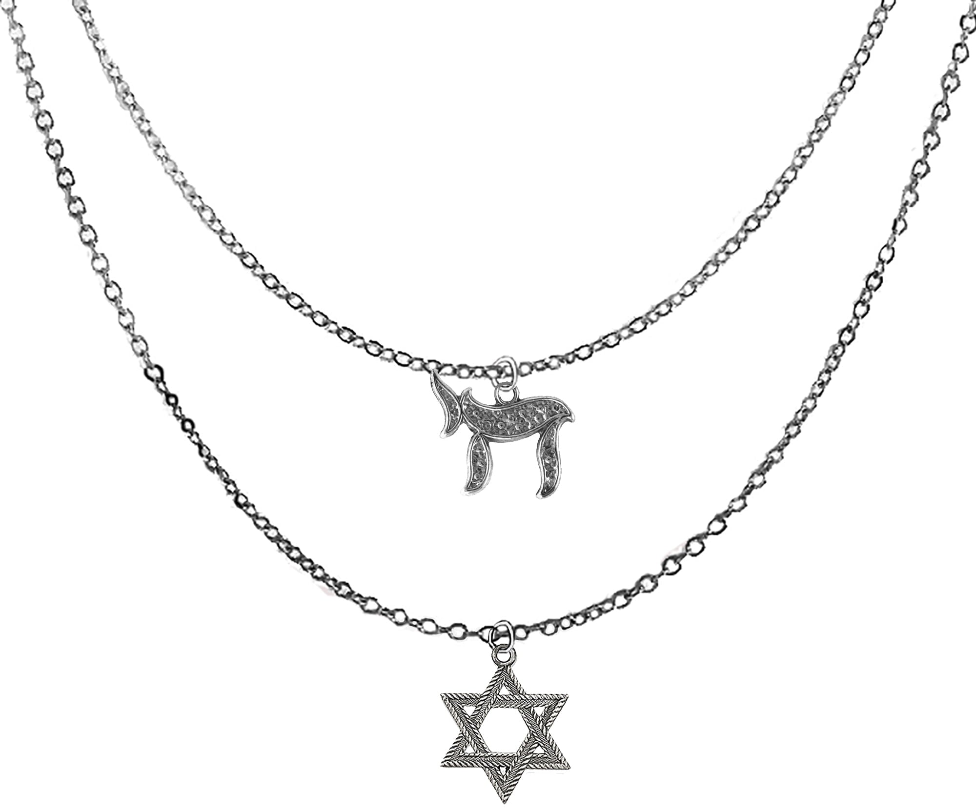 Jewish Jewelry, The Herew Letter Chai. meaning "To Life", With An Antique Silvertone Star Of David, On A Silvertone Double Cable Chain Adjustable Necklace, What Great Gift For Friend Or Family. ©2024