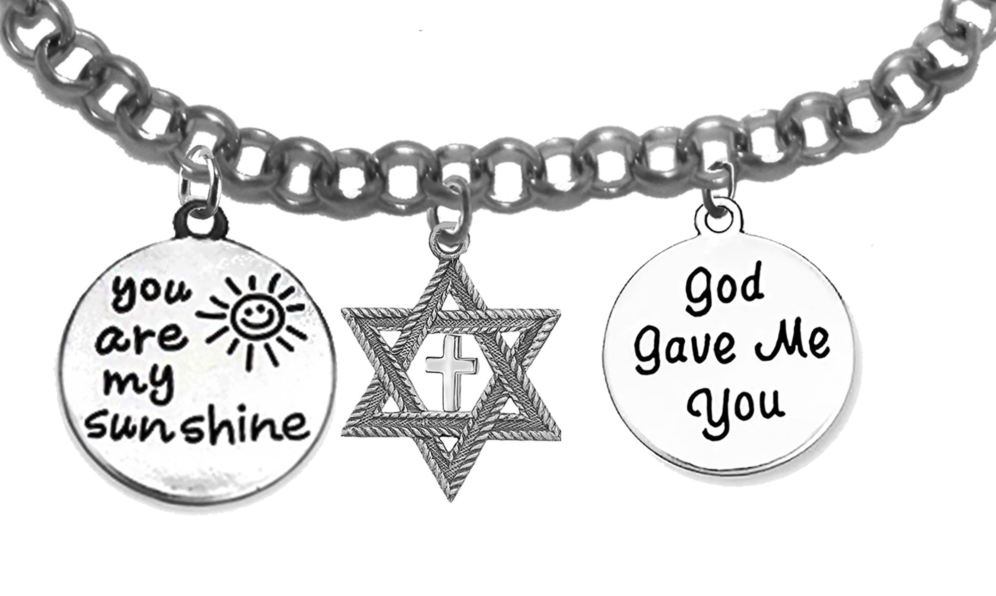 Messianic, Yeshua, Christian, Bracelet That Tells Of Your Love, You Are My Sunshine, Antique Silvertone Star Of David With Polished Cross,God Gave Me You, Adjustable Cable Chain Bracelet Fits Everyone