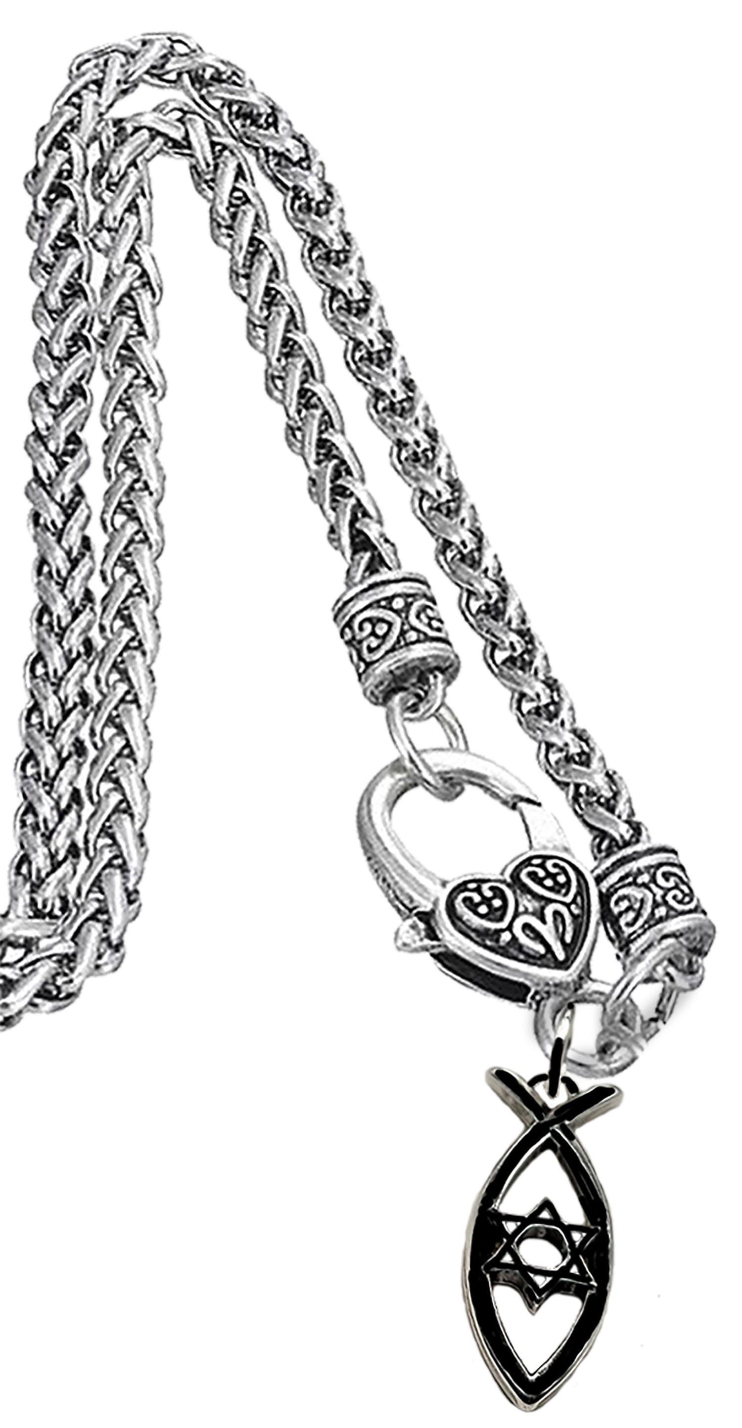 Messianic Christian Black Anodized Fish, Star Of David On A Antique Wheat Chain Necklace. If you do not believe that this jewelry is beautiful when you receive it, simply return it for a full refund