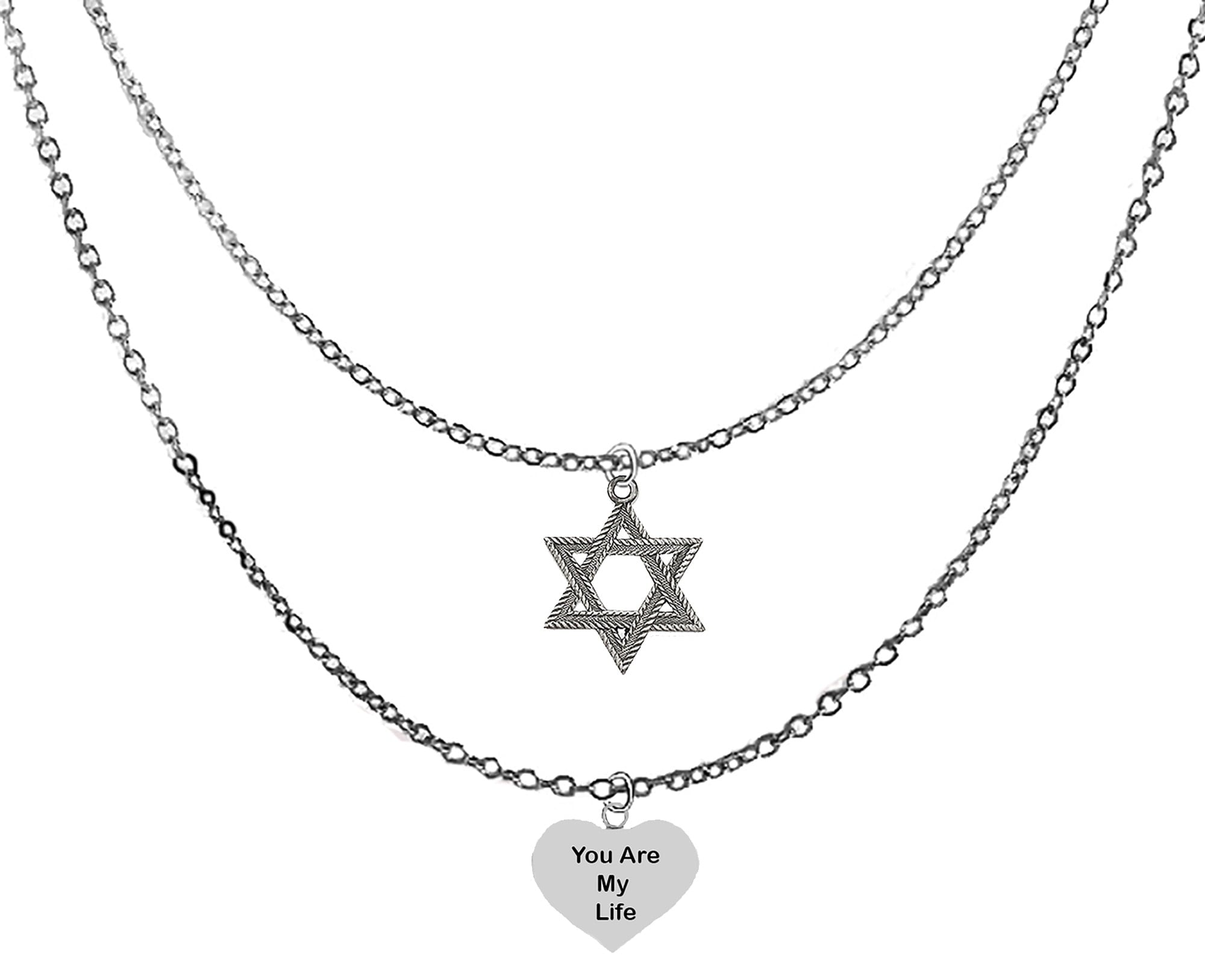 Jewish Jewelry,  Antique Silver Star Of David, Message Of Love, You Are My Life, On A Silvertone Heart On A Double Chain Necklace, Great Gift For A Friend Or Family. Hypoallergenic. ©2024