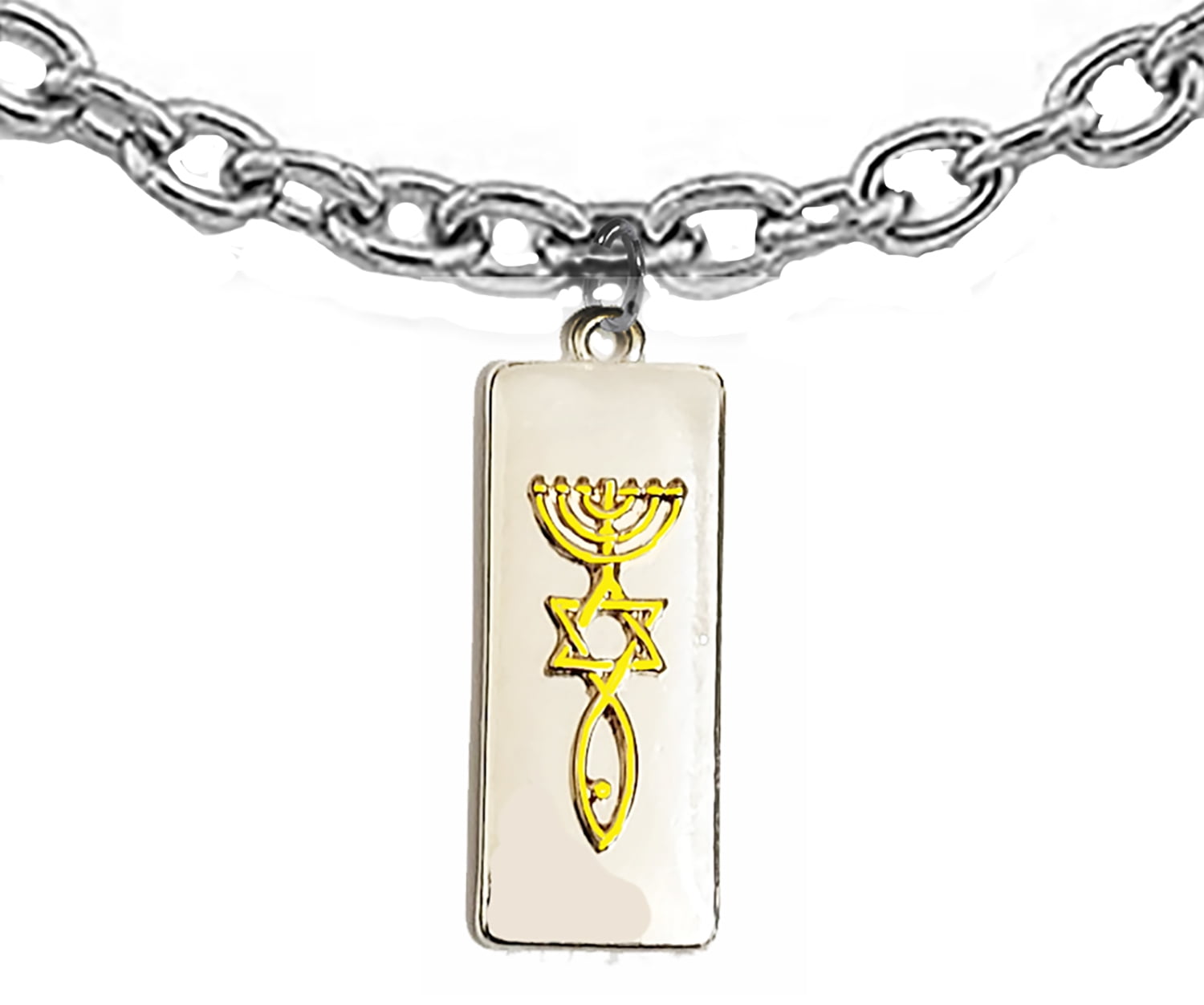 Messianic Raised 14KT Gold Tone Seal Of Jerusalem On A Silver Tone Placque Suspended On A Adjustable Silver Tone Csble Chain, Beautiful, Hypoallergenic-Safe, No Nickel, Lead, Or Cadmium In The Metal