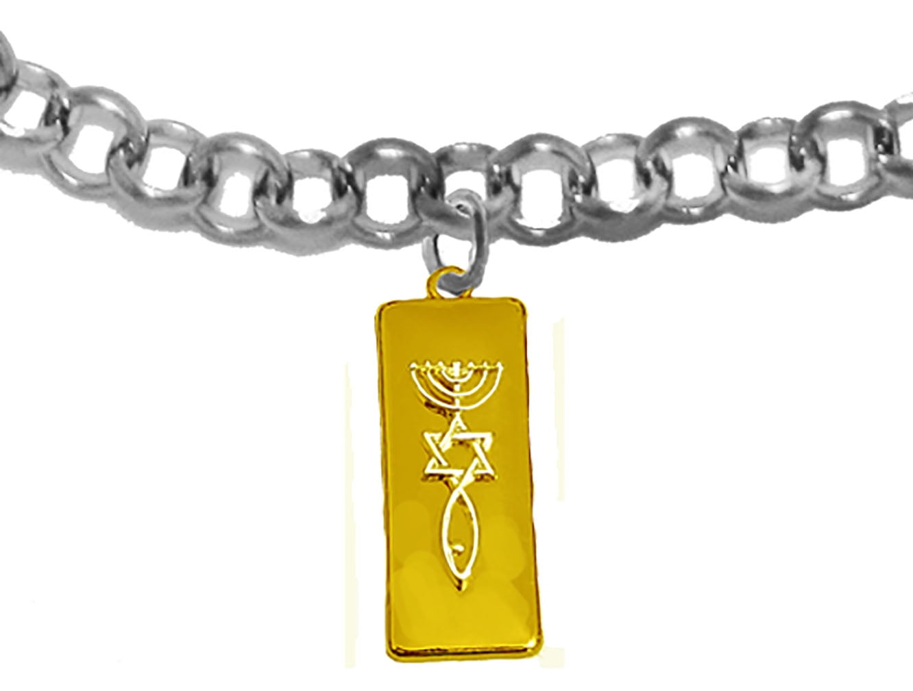 Messianic Christian Silver Tone Raised Seal Of Jerusalem On A 14KT Gold Tone Plaque Charm On A Silver Adjustable Rolo Chain Bracelet, Will Fit Everyone Hypoallergenic-Safe, No Nickel, Lead, Or Cadmium