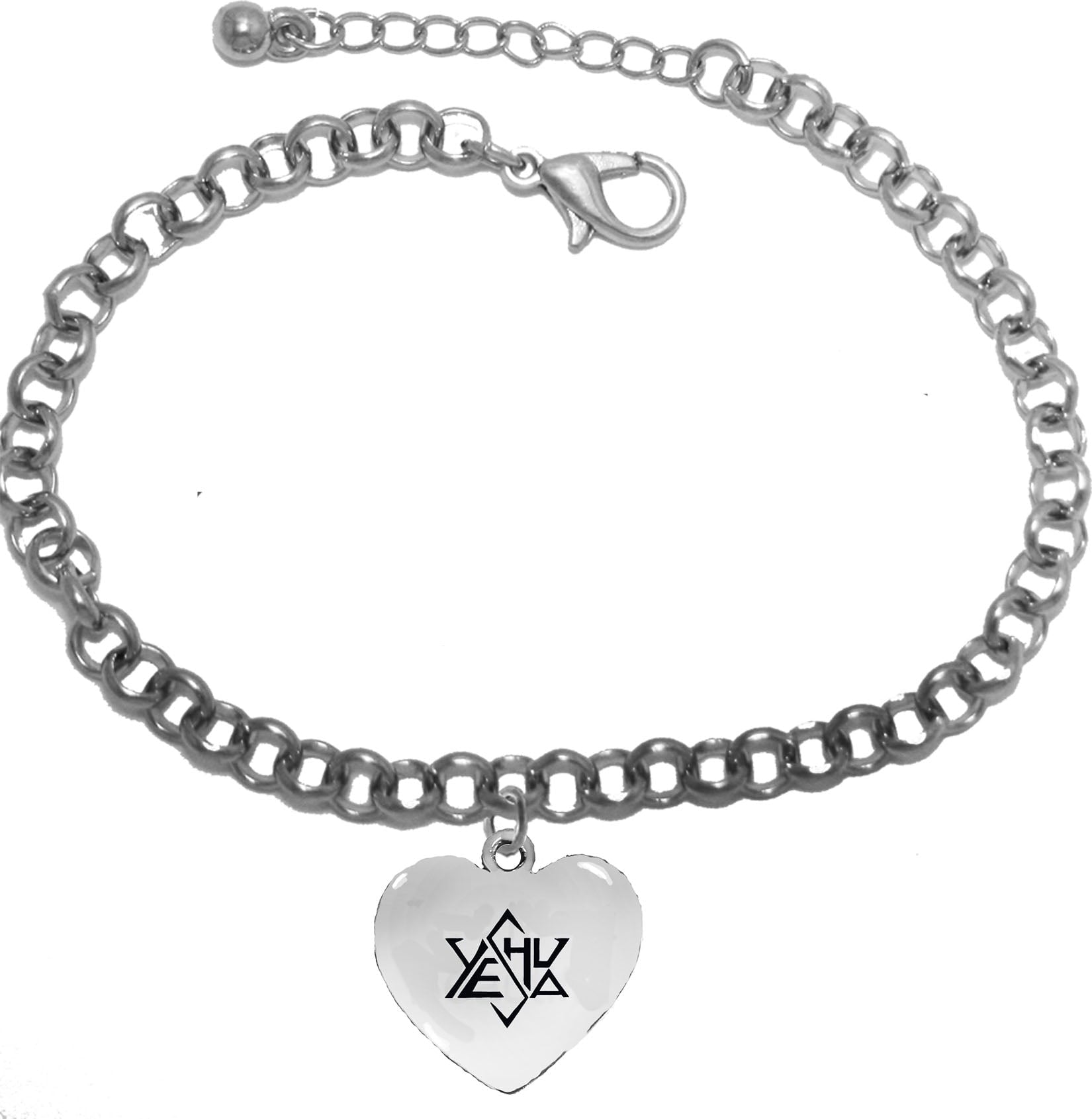 Messianic, Yeshua In A Stylized Shape Of The Star Of David,Yeshua(Jesus in Hebrew)On A Heart On A Adjustable Rolo Chain Bracelet,It Will Fit Everyone! Hypoallergenic-Safe, No Nickel, Lead, Or Cadmium
