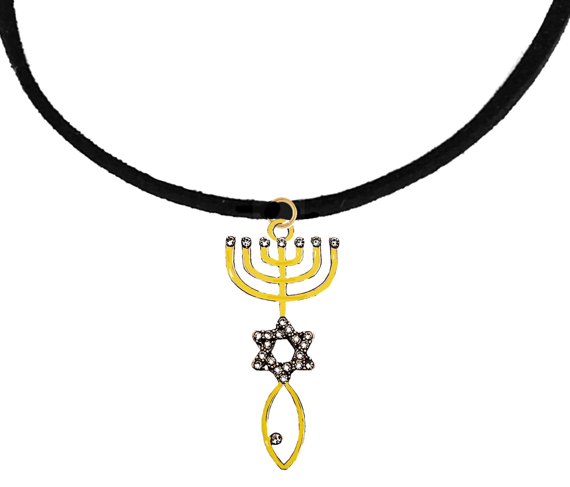 Messianic, Yeshua, Christian Adjustable Black Suede Bracelet With A Beautiful 14KT Goldtone Seal Of Jerusalem Covered With Austrian Crystal.Hypoallergenic-Safe. A Great Gift For Friends Or Family©2024